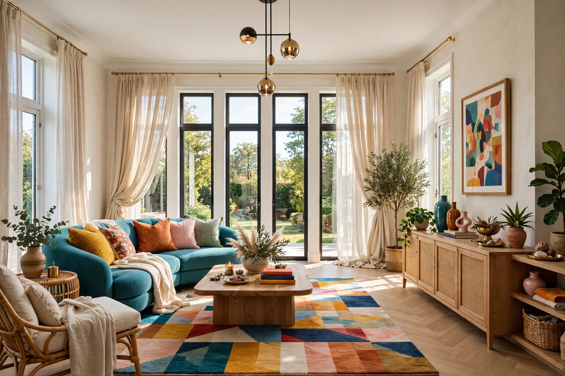 Tall bright windows dressed with curtains mounted near the ceiling and panels kissing the floor