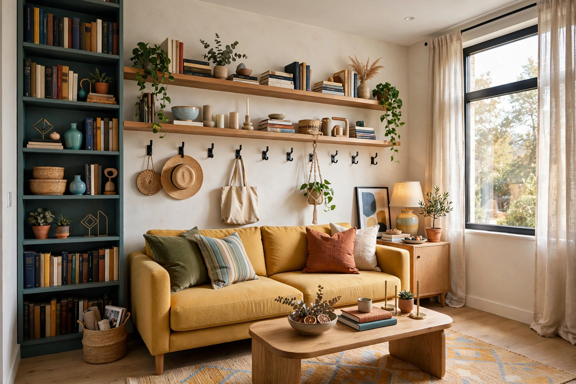 Small apartment living room using full vertical wall space with tall bookshelves and floating shelves