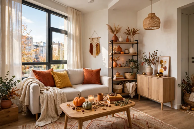 Bright small apartment living room styled for fall: rust and mustard throw pillows, chunky knit throw on the sofa, small pumpkins on the coffee table, warm cozy autumn decor