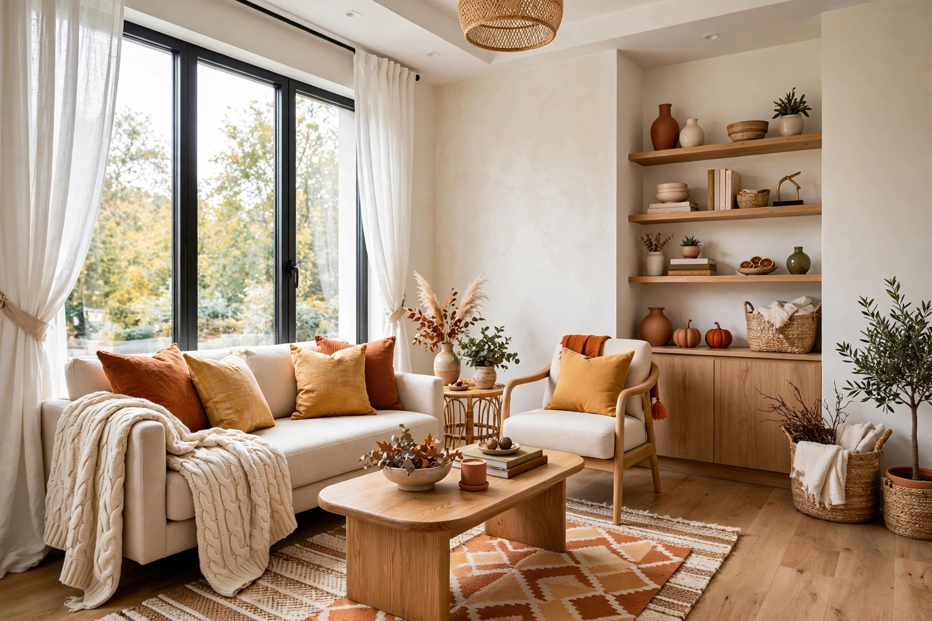 Cozy bright living room with a chunky cable-knit throw draped over the sofa arm