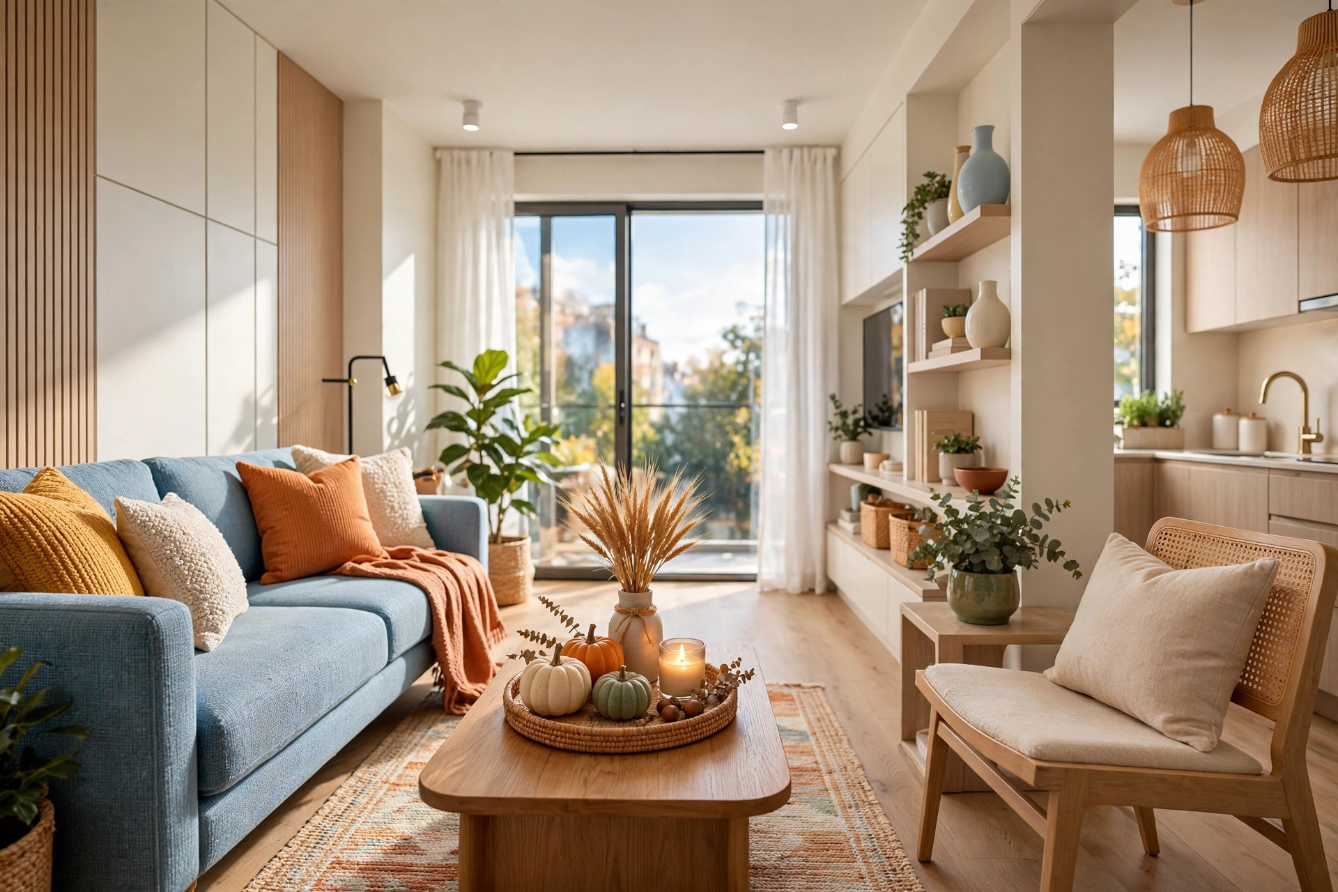 Small apartment coffee table with a tray holding mini pumpkins, dried wheat stems and a candle