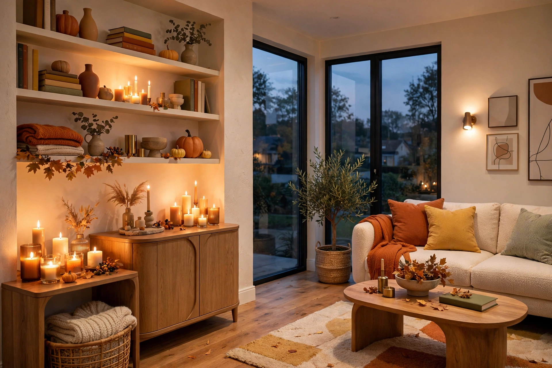 Warm small living room corner with a cluster of candles at mixed heights glowing at dusk