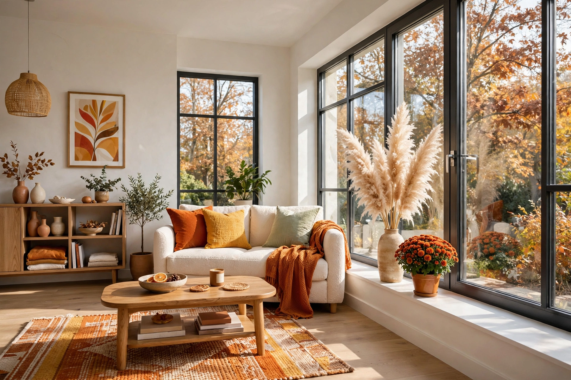Bright apartment windowsill with a small potted mum in burnt orange and dried pampas grass in a vase