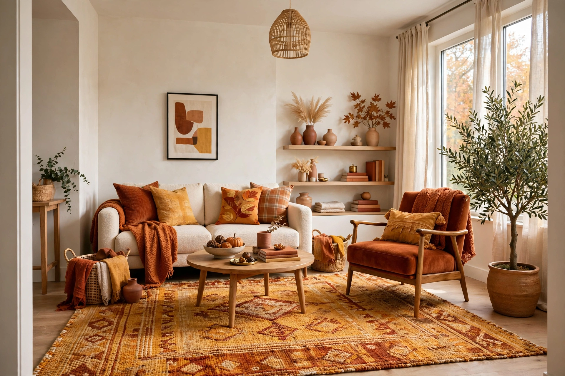 Bright cozy living room with a warm-toned textured area rug anchoring the sofa for fall