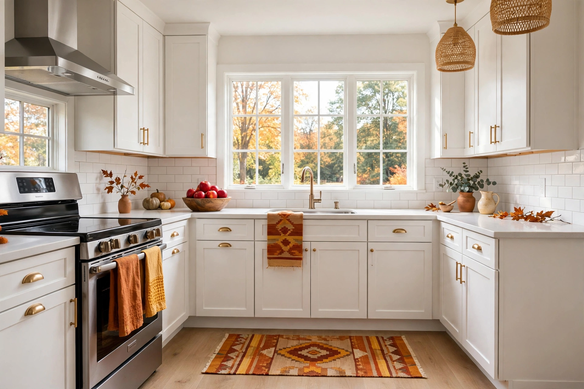 Bright small kitchen with fall-colored dish towels, a warm runner and a wooden bowl of apples