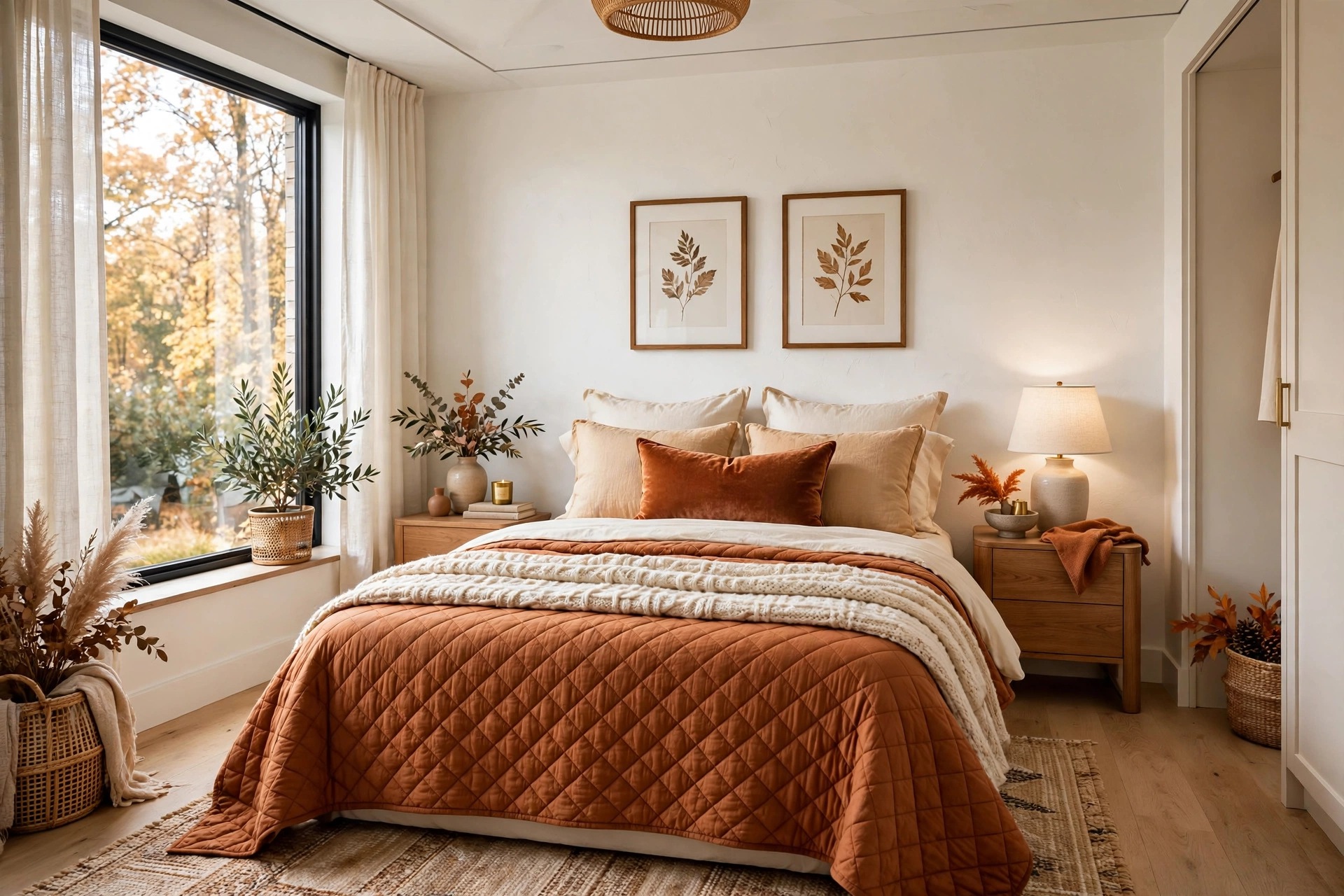 Cozy small bedroom with layered fall bedding: quilted coverlet, warm tones and a chunky throw at the foot