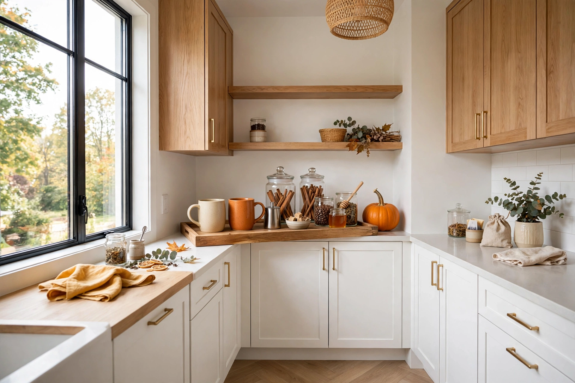 Small kitchen corner styled as a fall hot drink station with mugs, cinnamon sticks and a tray
