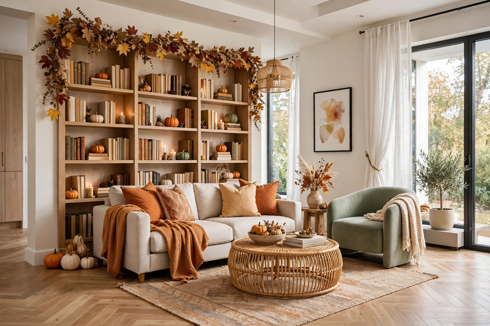 Bright living room bookshelf decorated vertically with a fall garland of dried leaves draped on top