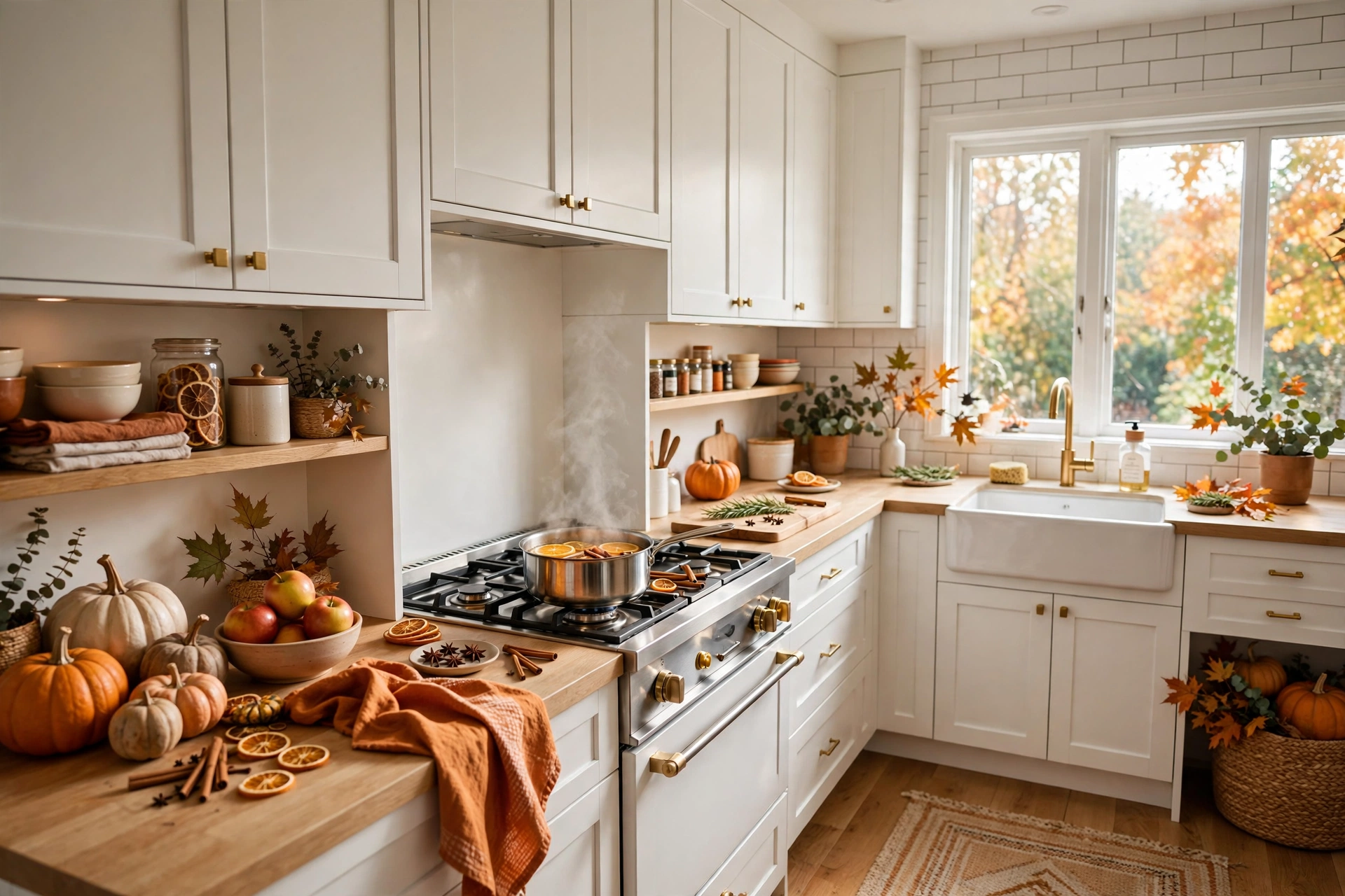 Cozy small apartment kitchen with a stovetop simmer pot of orange slices, cinnamon and cloves
