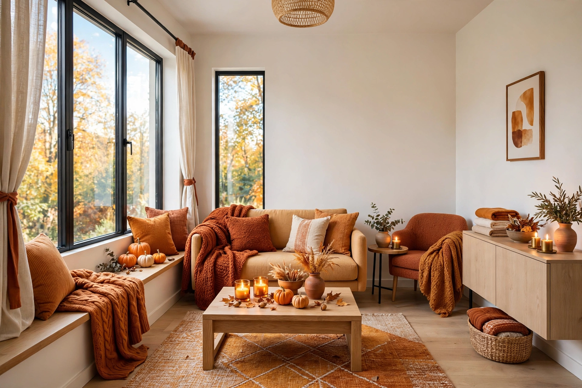 Tidy bright small living room in warm fall tones with summer brights edited out and stored away