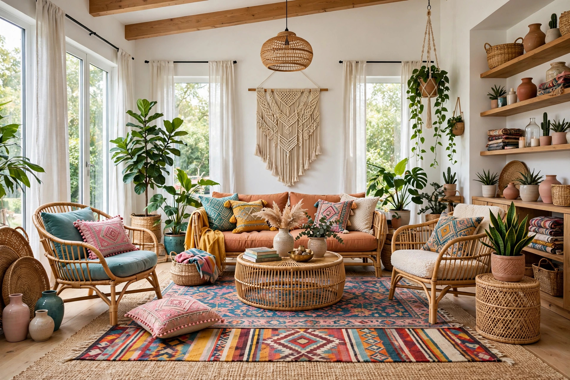 Bright bohemian living room with rattan furniture, layered patterned rugs, lush indoor plants and a macrame wall hanging
