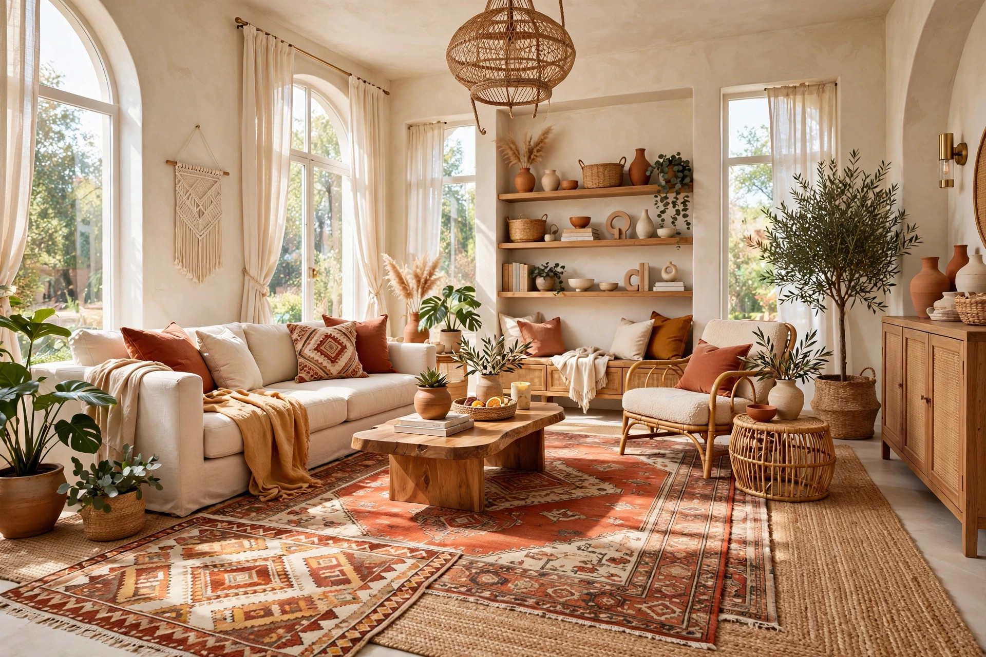 Boho living room with layered vintage rugs over a natural jute base rug in terracotta and cream tones