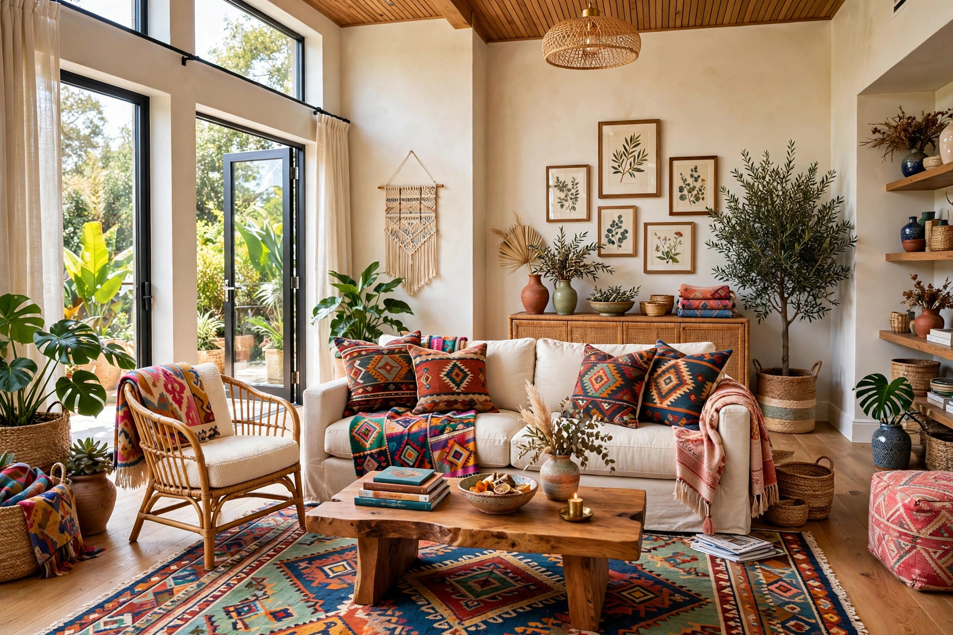 Cream sofa styled with mixed-pattern kilim pillows and colorful patterned throws in a bohemian living room