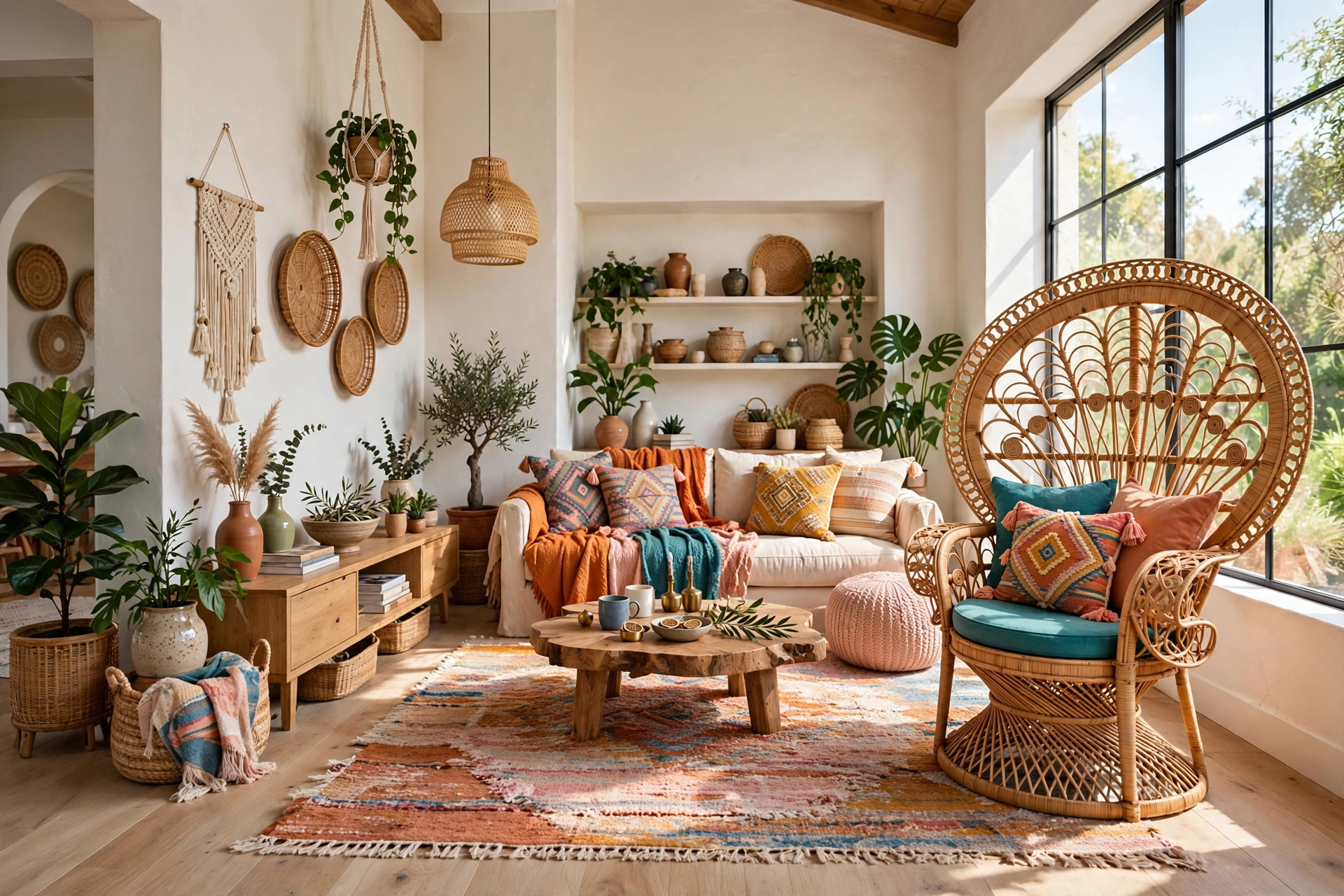 Rattan peacock accent chair beside a bright window in a bohemian living room with plants and layered textiles