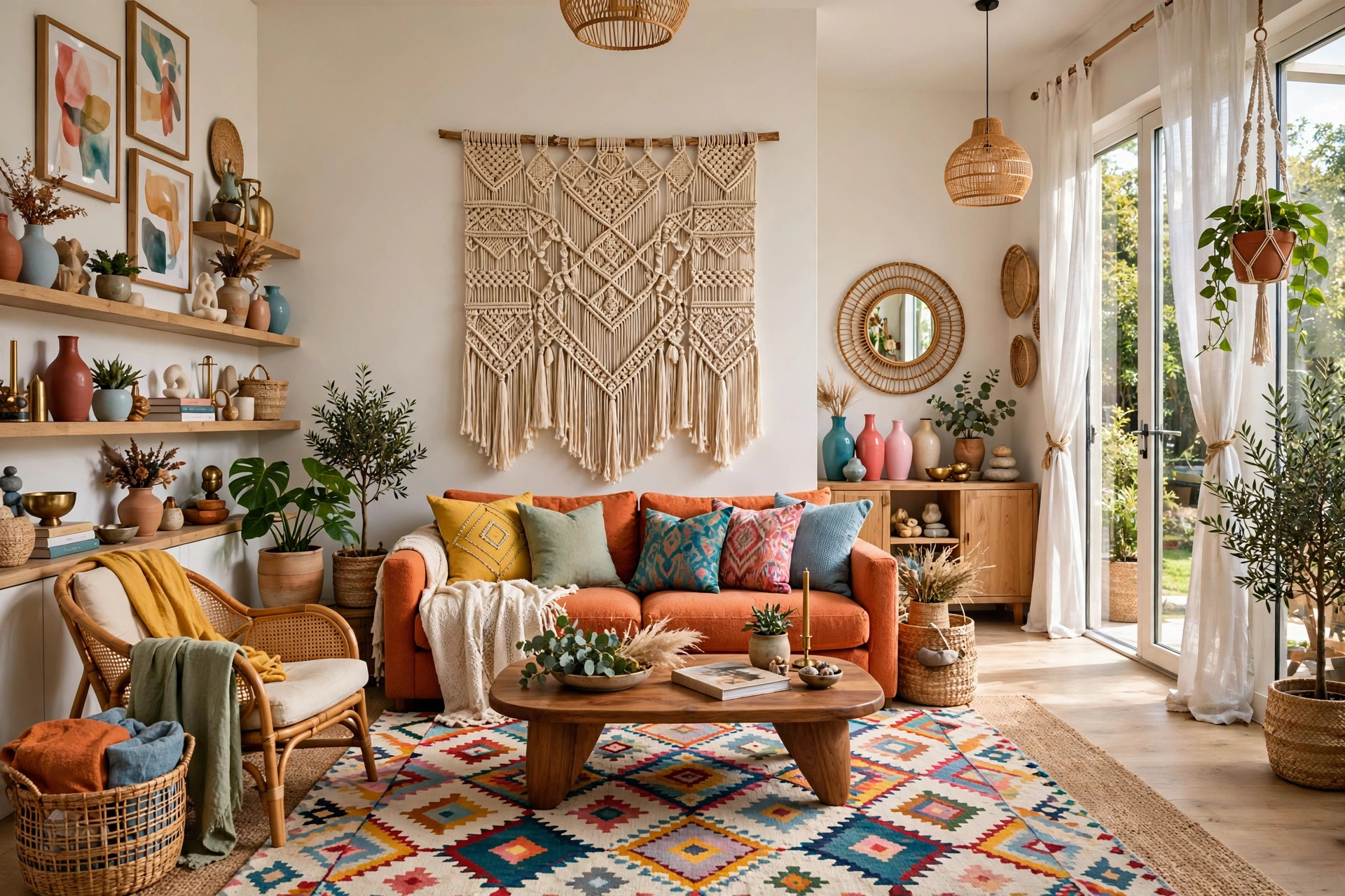 Large handmade macrame wall hanging above a boho sofa in a bright eclectic living room
