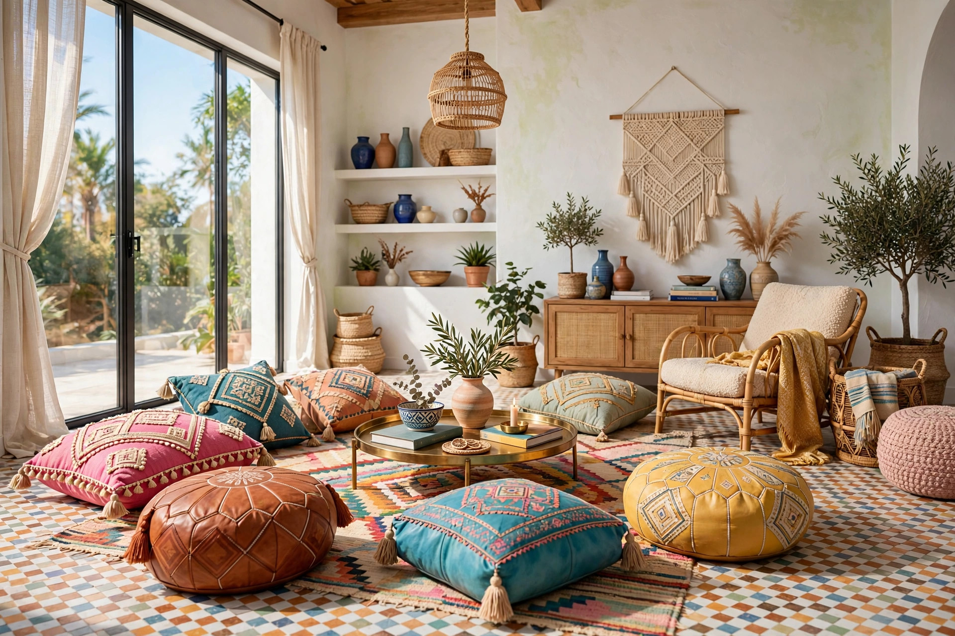 Moroccan leather poufs and embroidered floor cushions around a low brass tray table in a boho living room