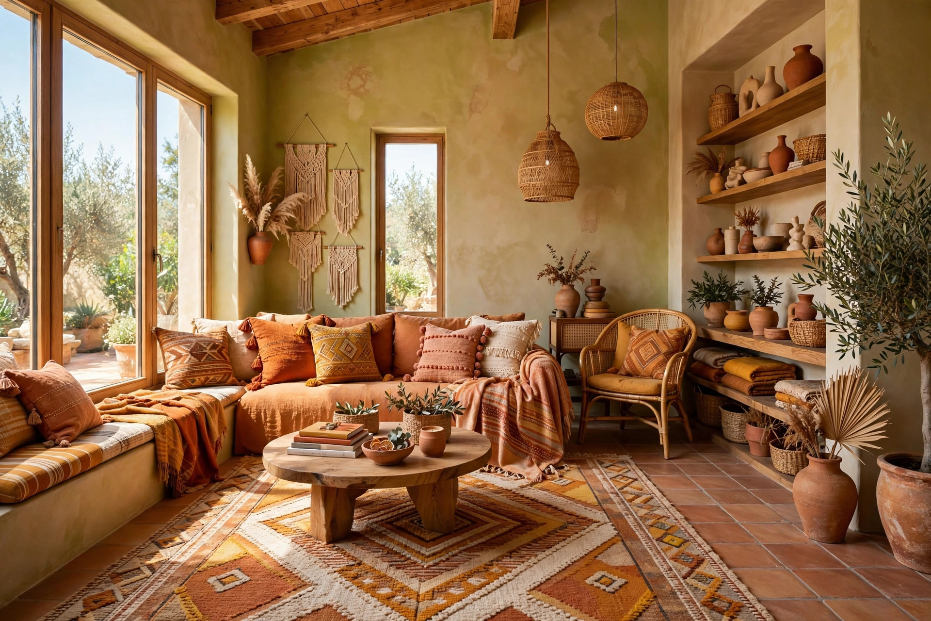 Bohemian living room in warm earth tones with terracotta, ochre and clay colored textiles and decor