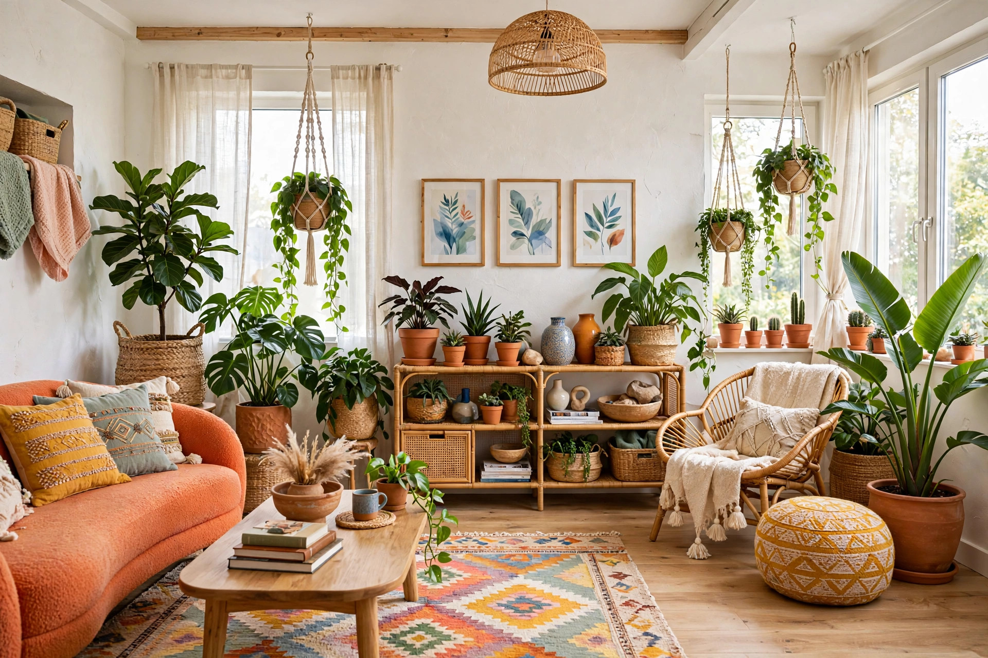 Bright boho living room filled with lush indoor plants in woven baskets and terracotta pots