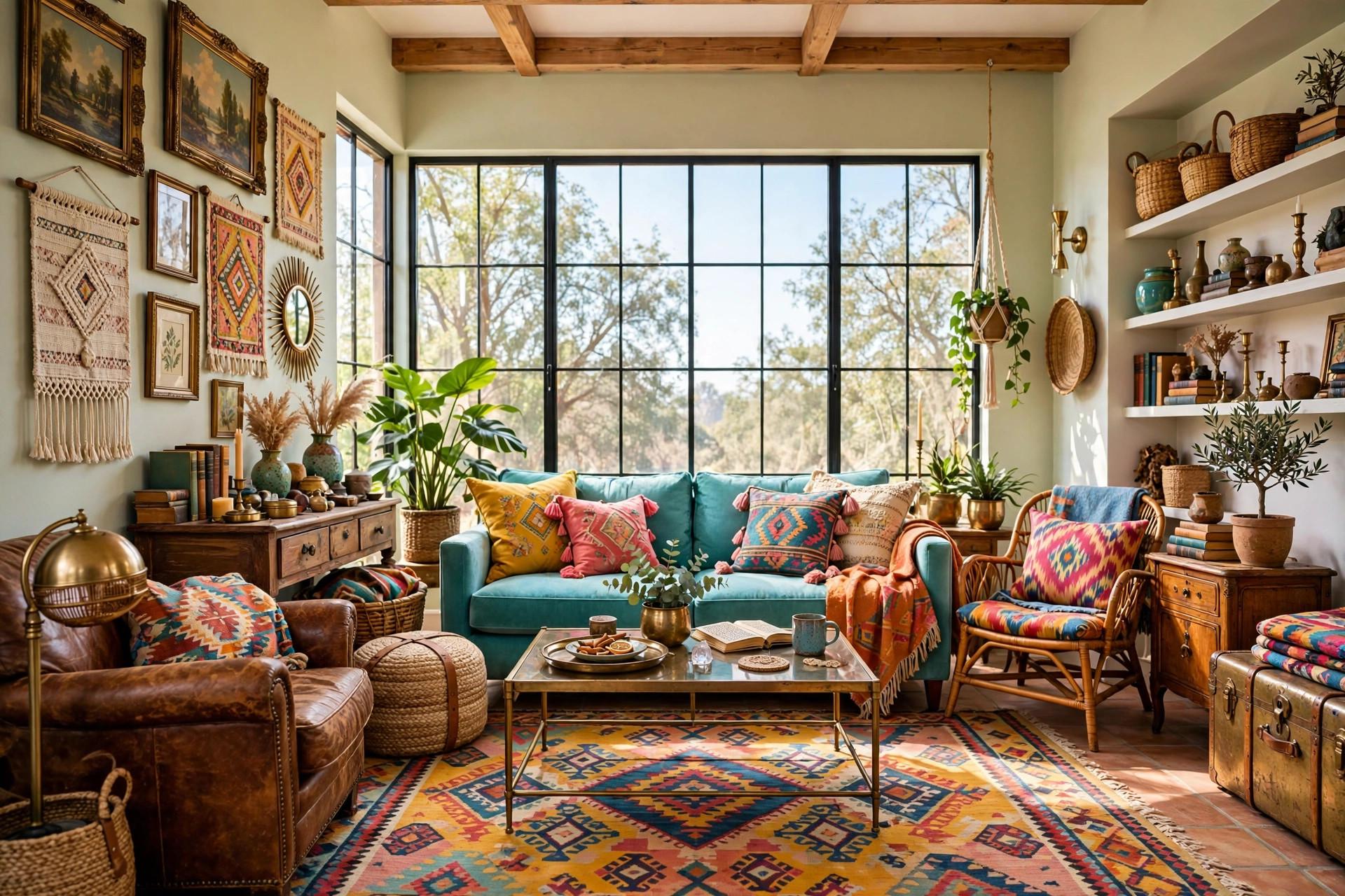 Eclectic bohemian living room styled with vintage brass decor, worn leather and thrifted treasures