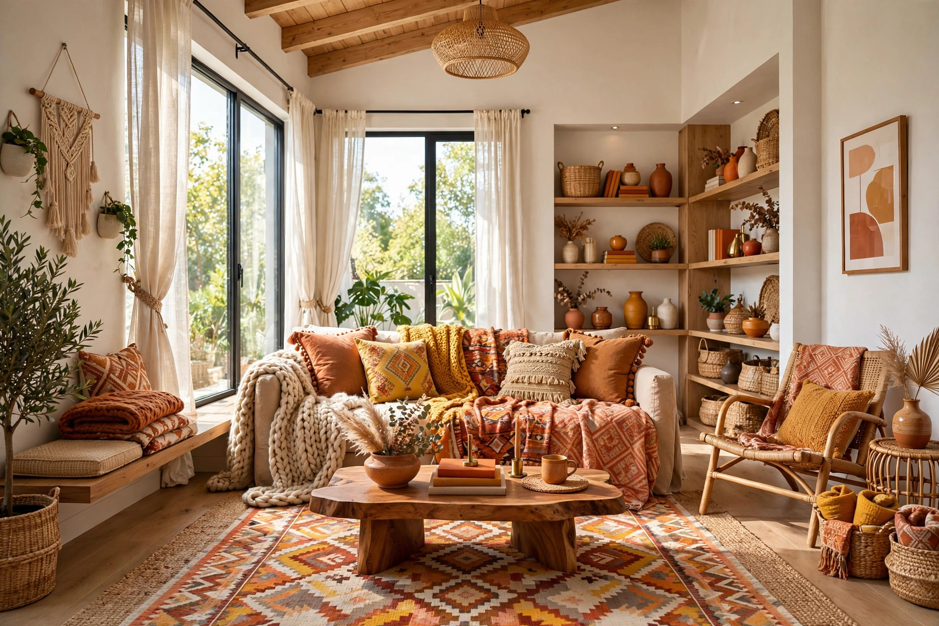 Cozy boho sofa layered with chunky knit throws and patterned blankets in warm colors