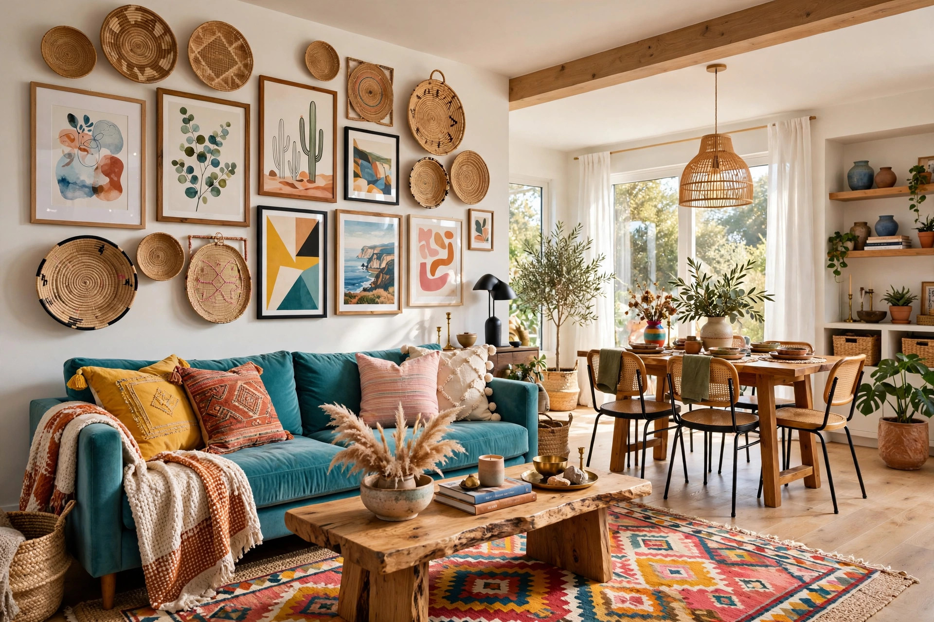 Eclectic gallery wall with mixed art prints and woven wall baskets above a bohemian sofa
