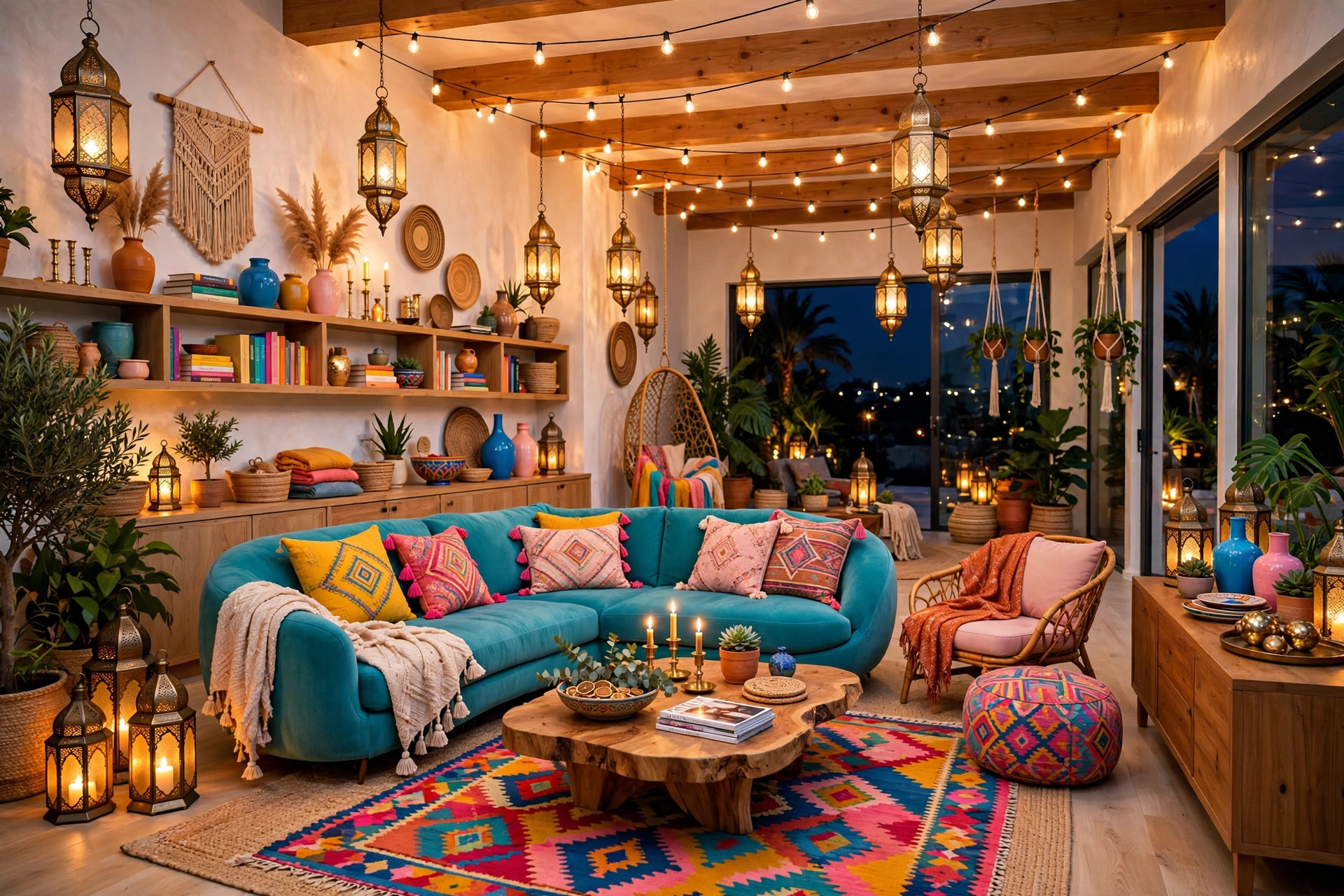 Bohemian living room glowing with Moroccan lanterns and warm string lights in the evening