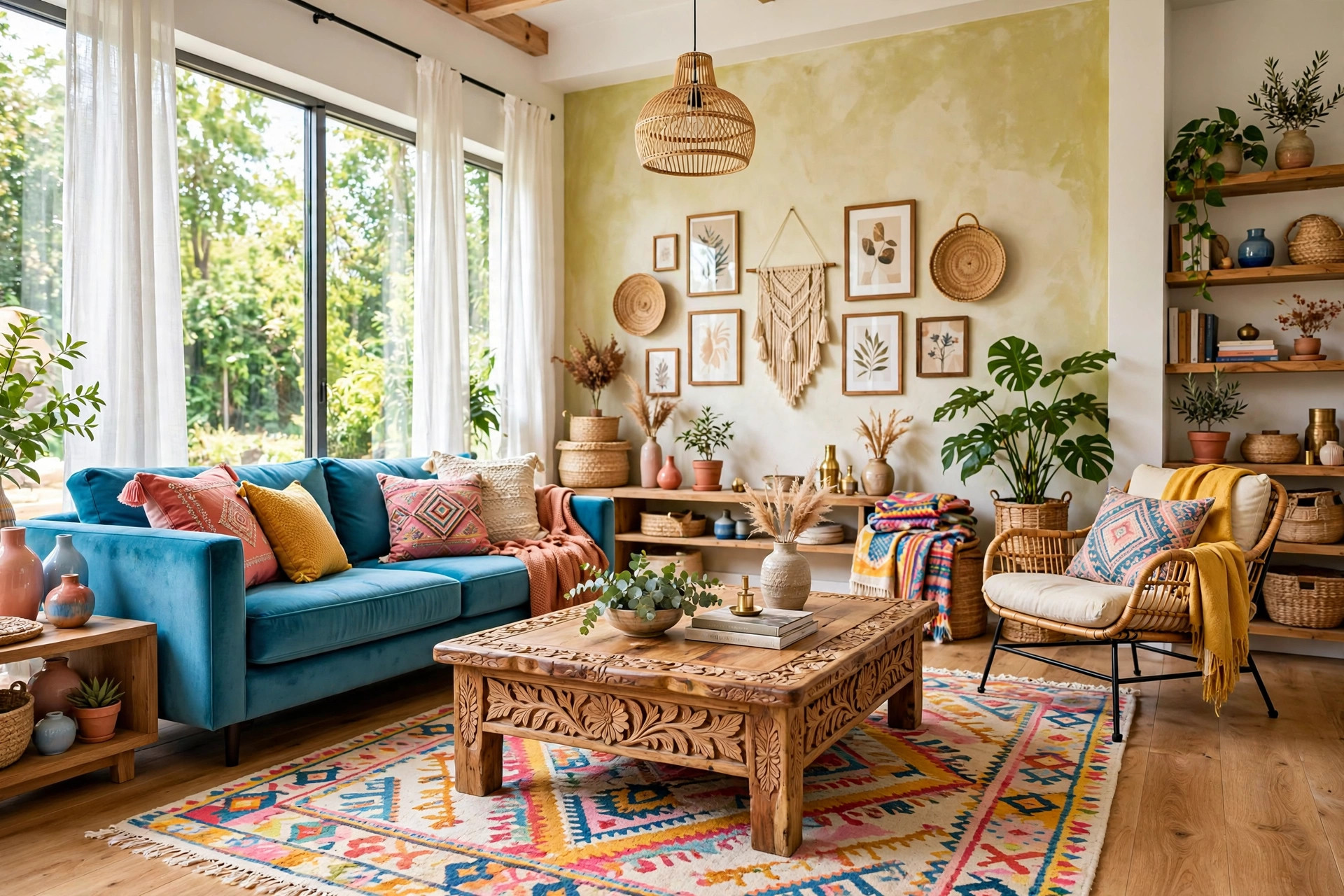 Hand-carved wooden coffee table as the centerpiece of a bright bohemian living room