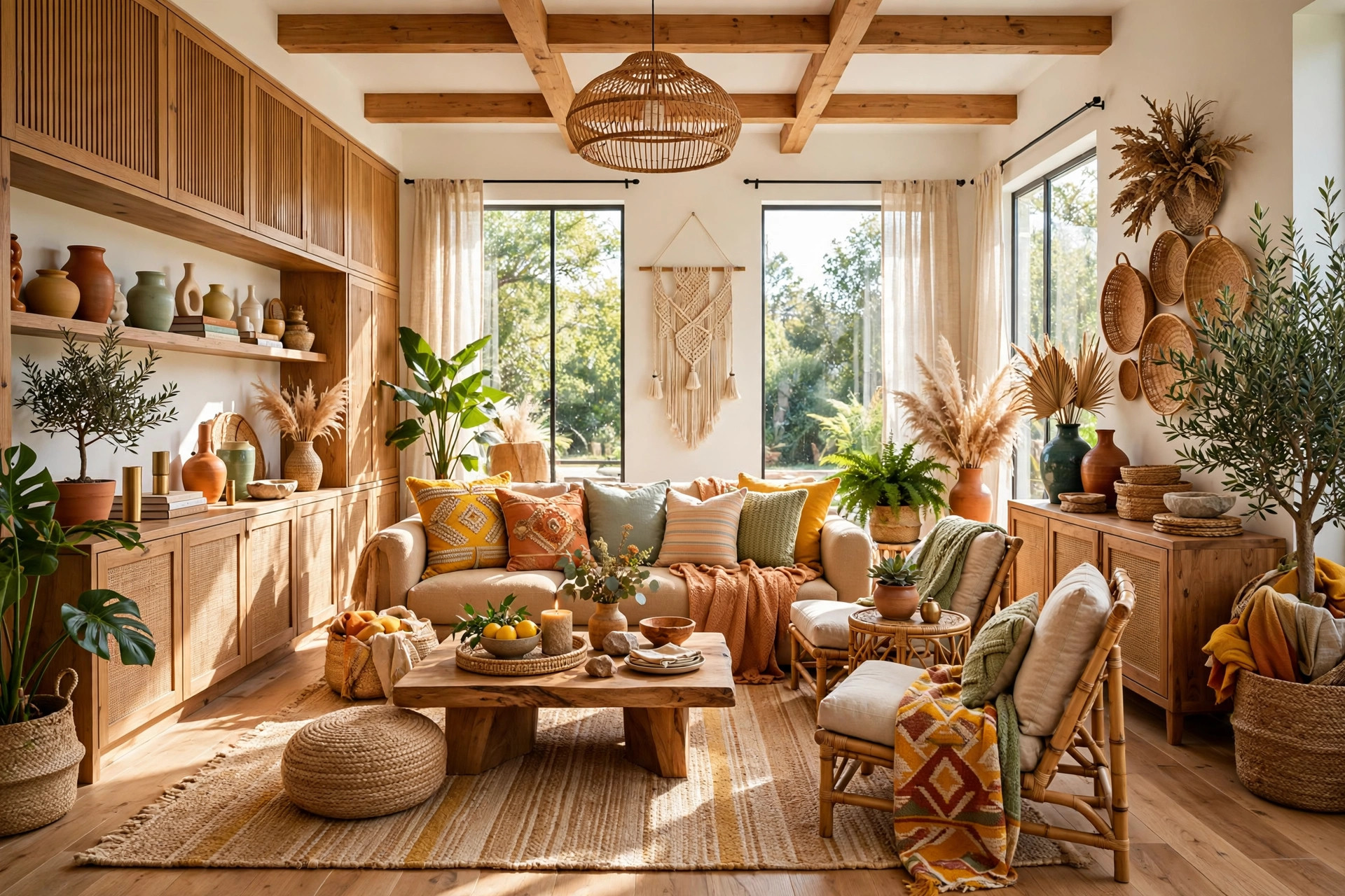 Boho living room mixing natural wood tones, jute, bamboo and woven textures