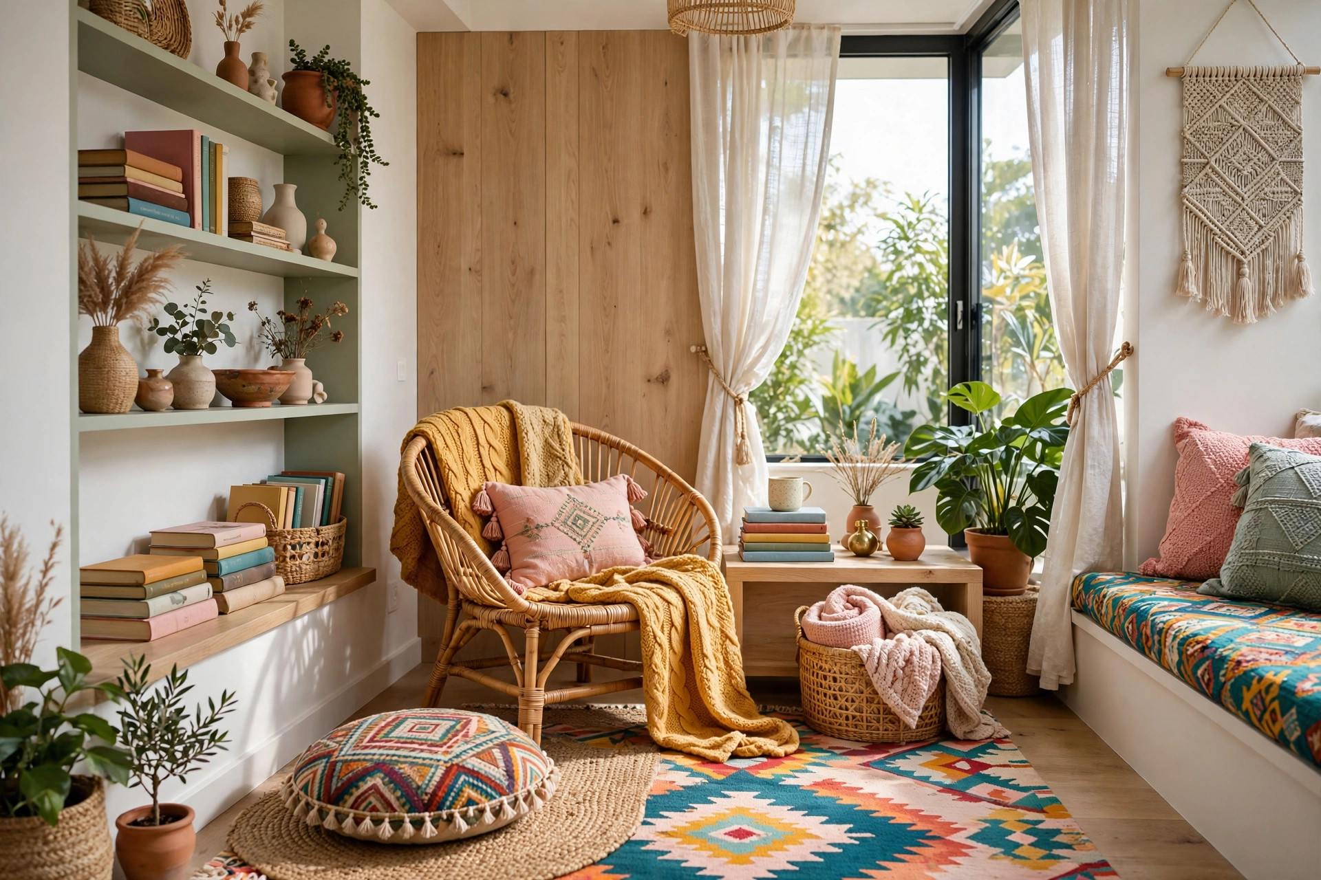 Cozy bohemian reading nook with a rattan chair, knit throw, floor cushion and stacked books