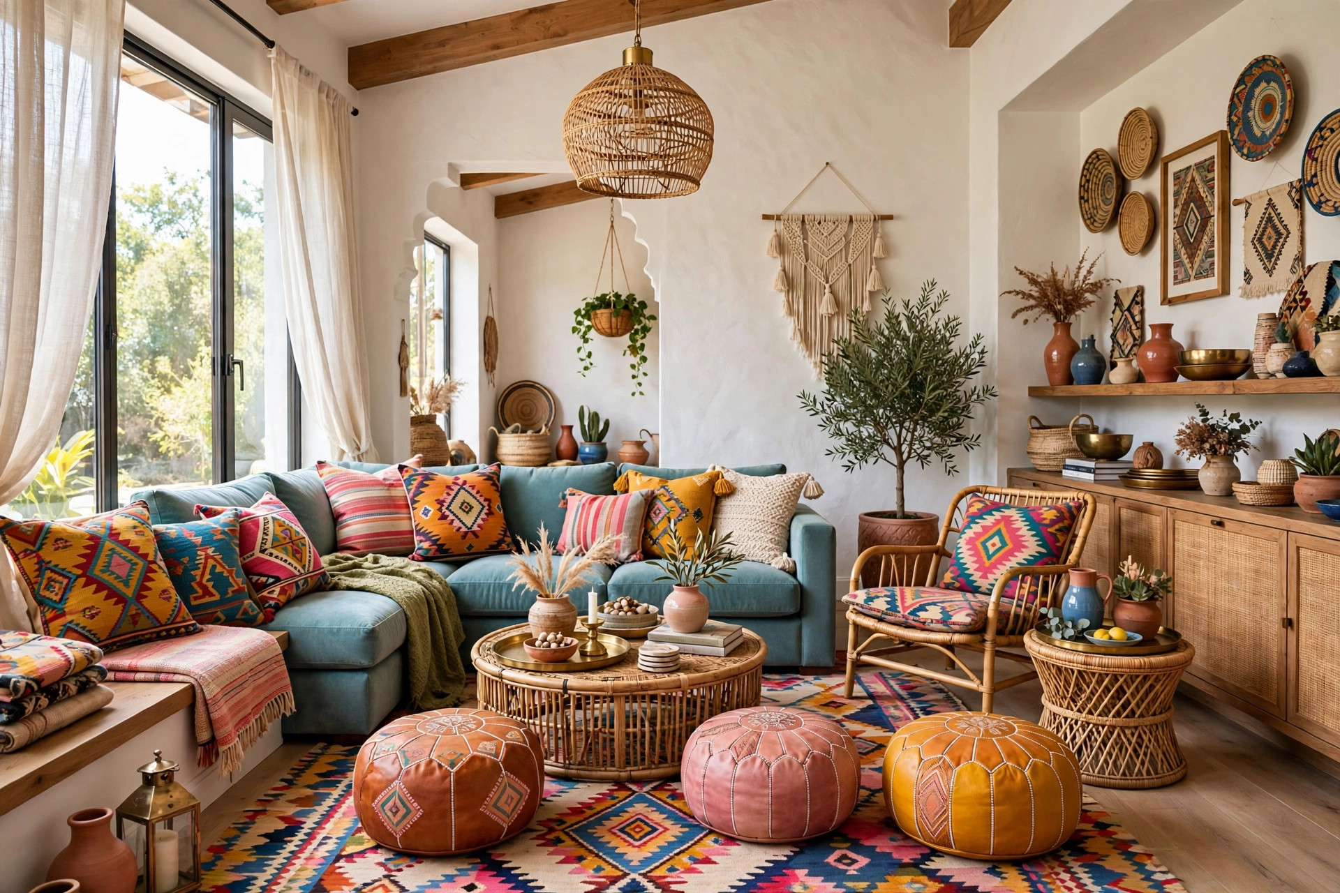 Bohemian living room with global accents including Moroccan poufs, kilim pillows and brass trays