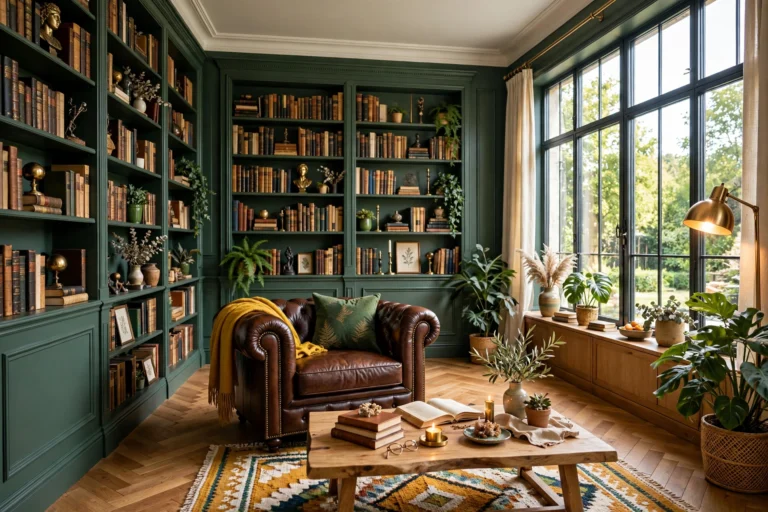 Moody dark academia living room with deep green walls, leather Chesterfield chair, floor-to-ceiling bookshelves and warm lamplight