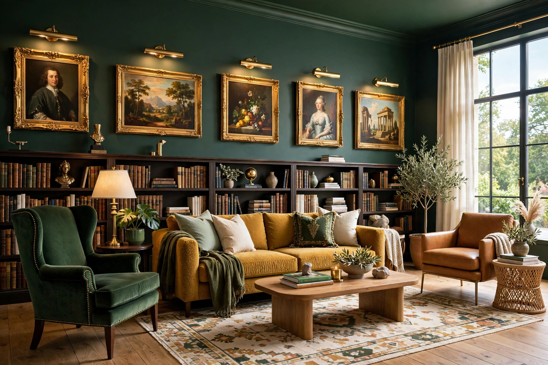 Dark academia living room with deep forest green walls, brass picture lights and gilt-framed classical paintings