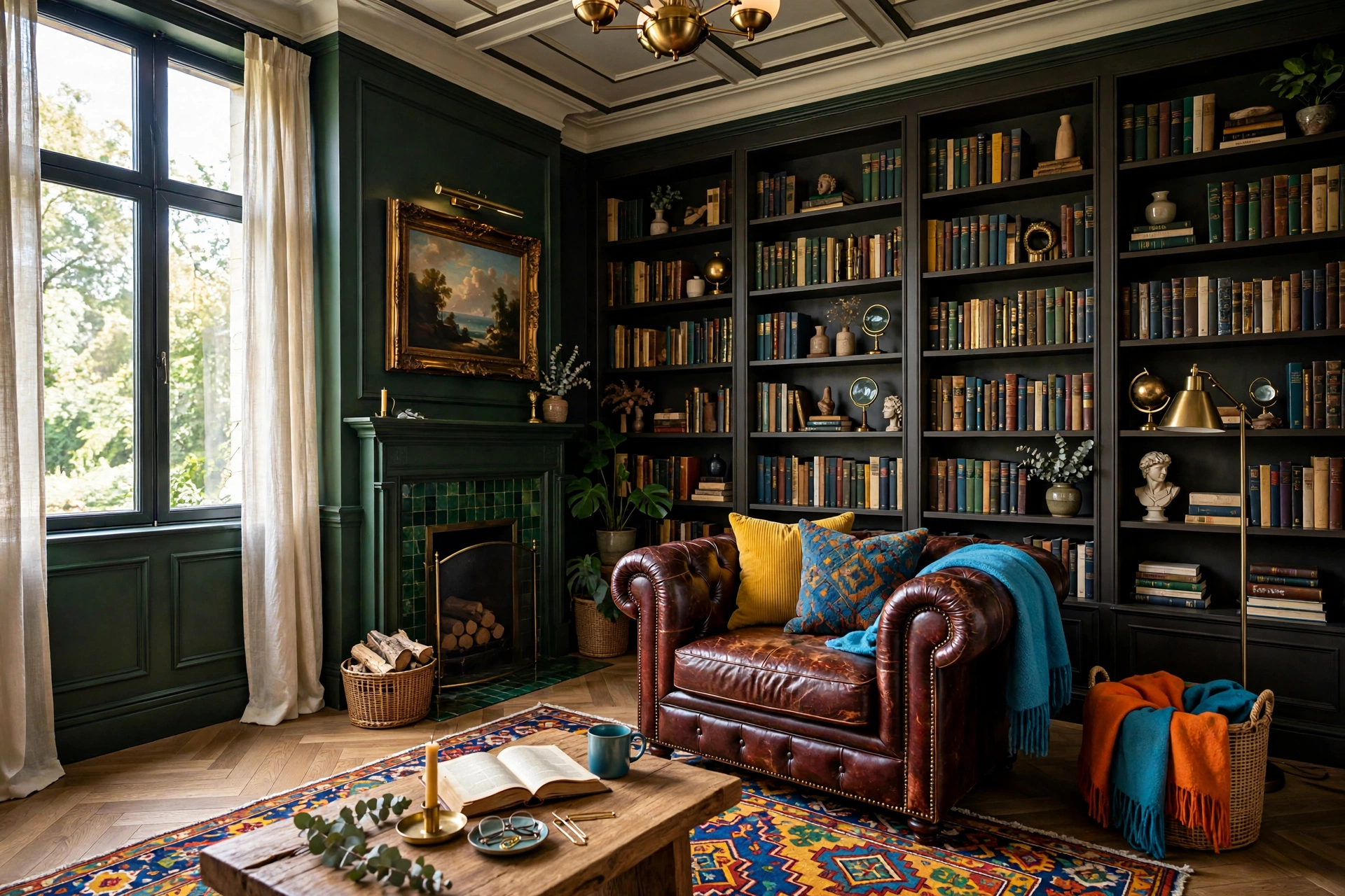 Worn oxblood leather Chesterfield armchair beside tall bookshelves in a moody dark academia living room