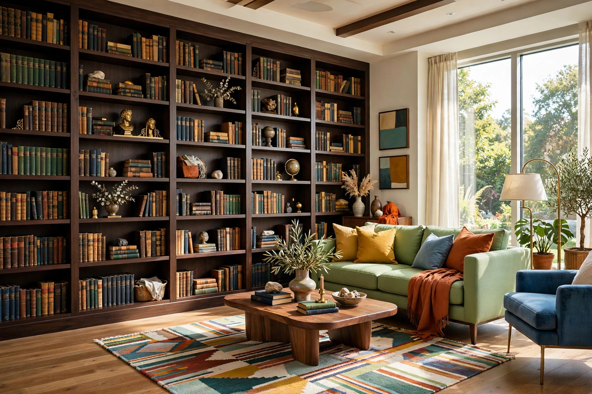 Floor-to-ceiling dark wood bookshelves filled with old clothbound books in a dark academia living room