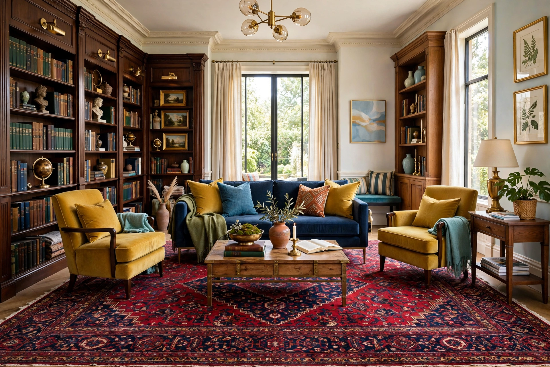 Dark academia living room seating area layered over a large Persian rug with deep red and navy patterns