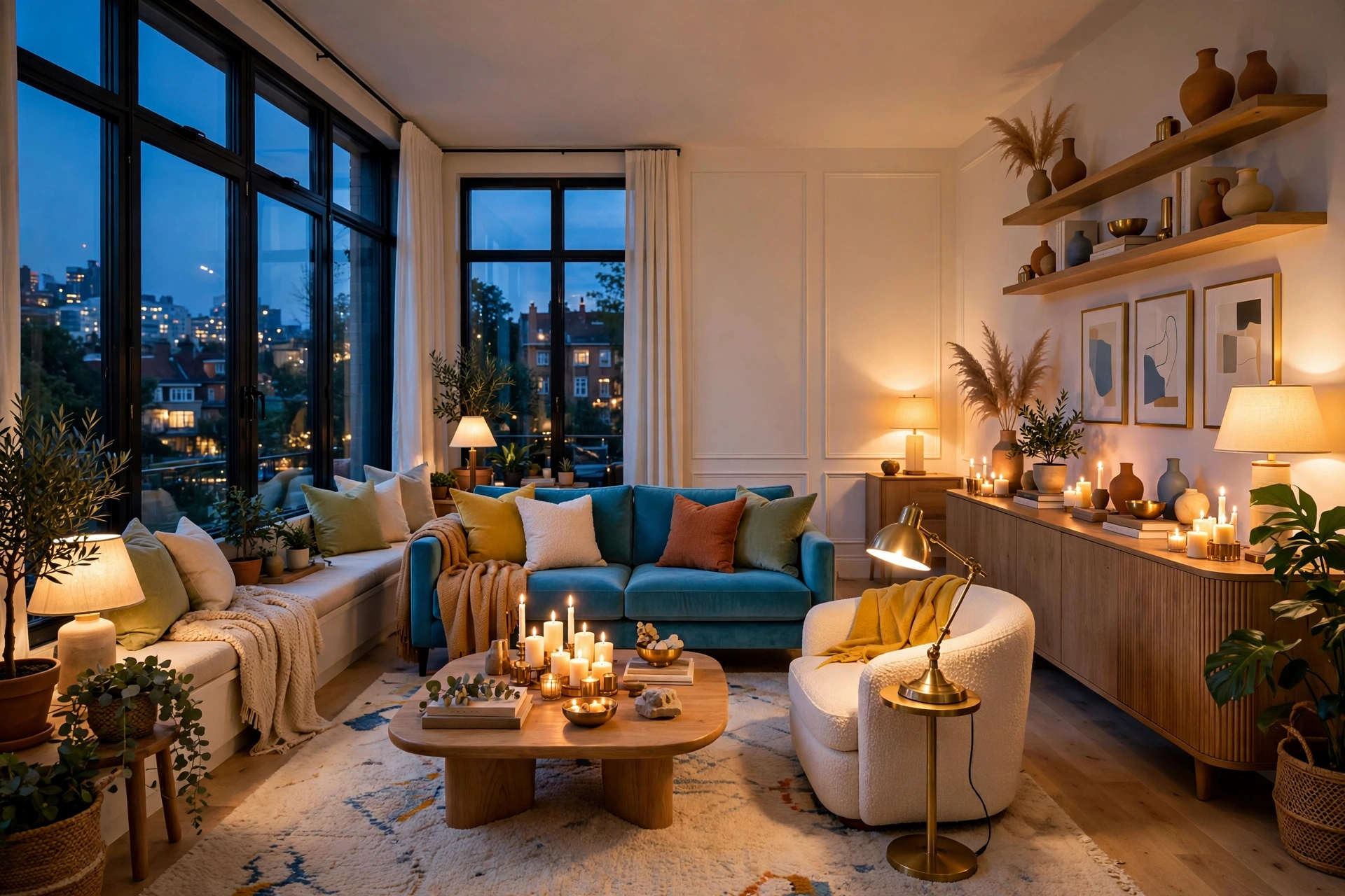 Moody living room lit by warm table lamps, brass pharmacy lamp and candle clusters in the evening