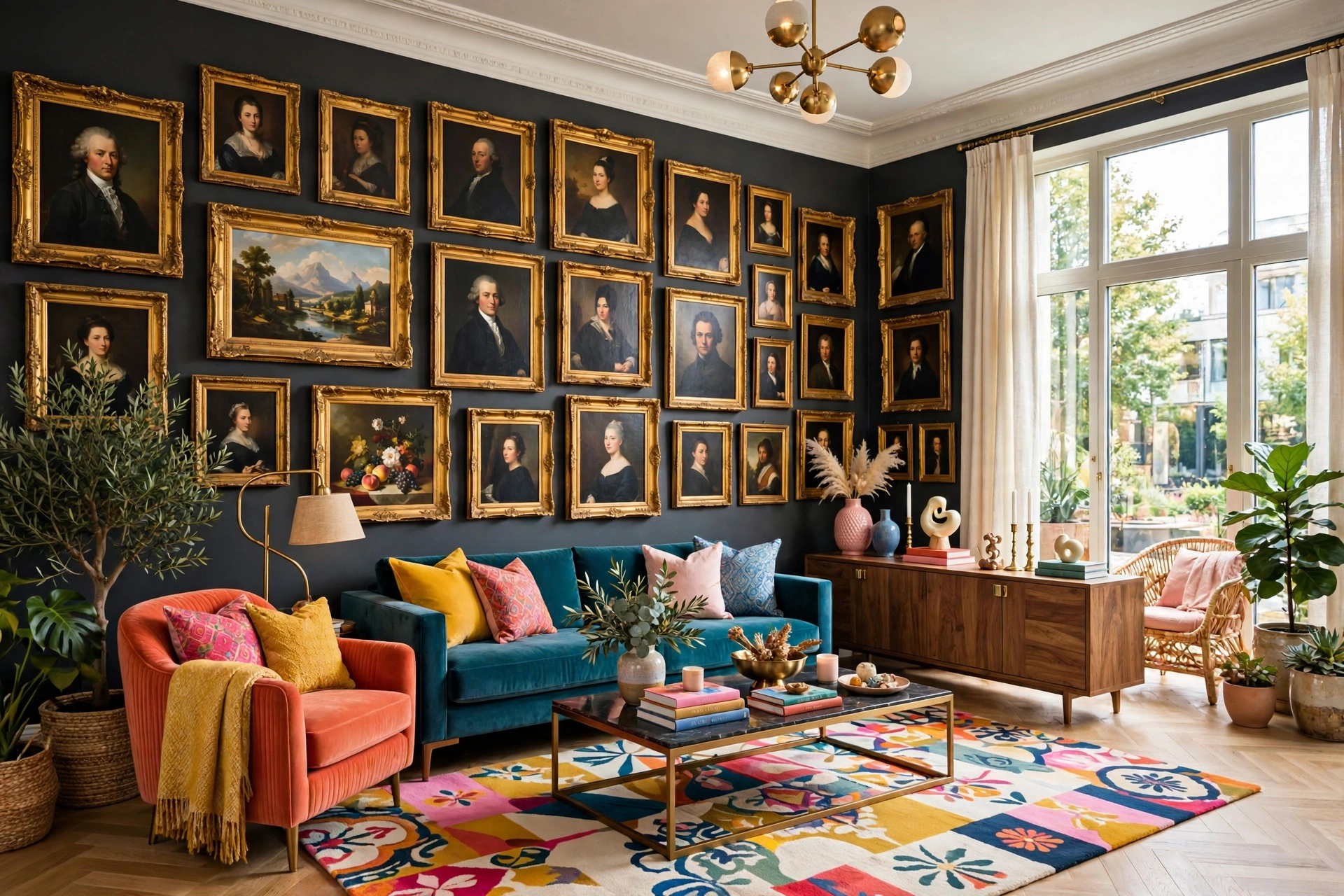 Gilt-framed classical oil paintings and dark portraits arranged salon-style on a charcoal living room wall
