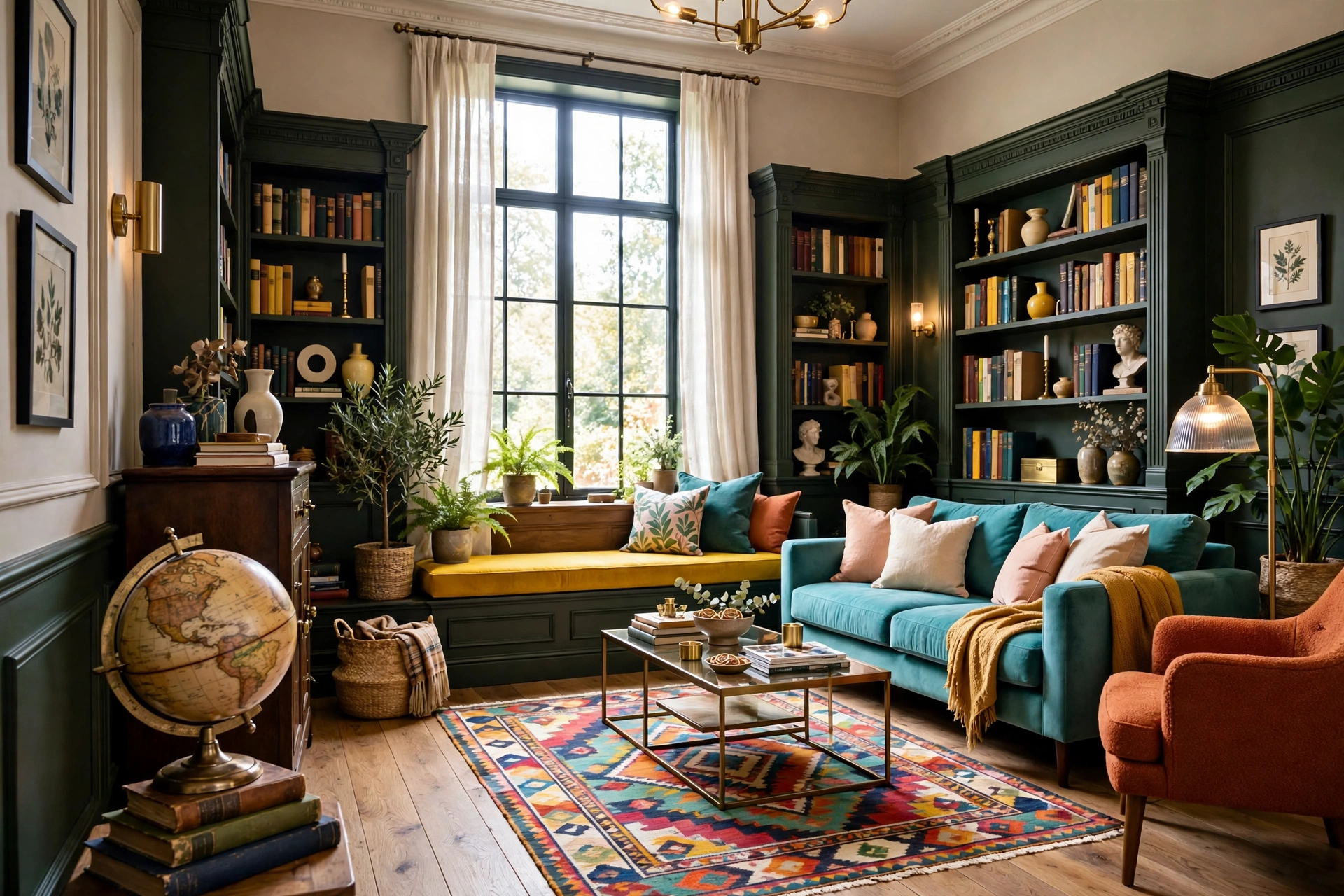 Vintage desktop globe with brass stand on stacked books in a dark academia living room corner