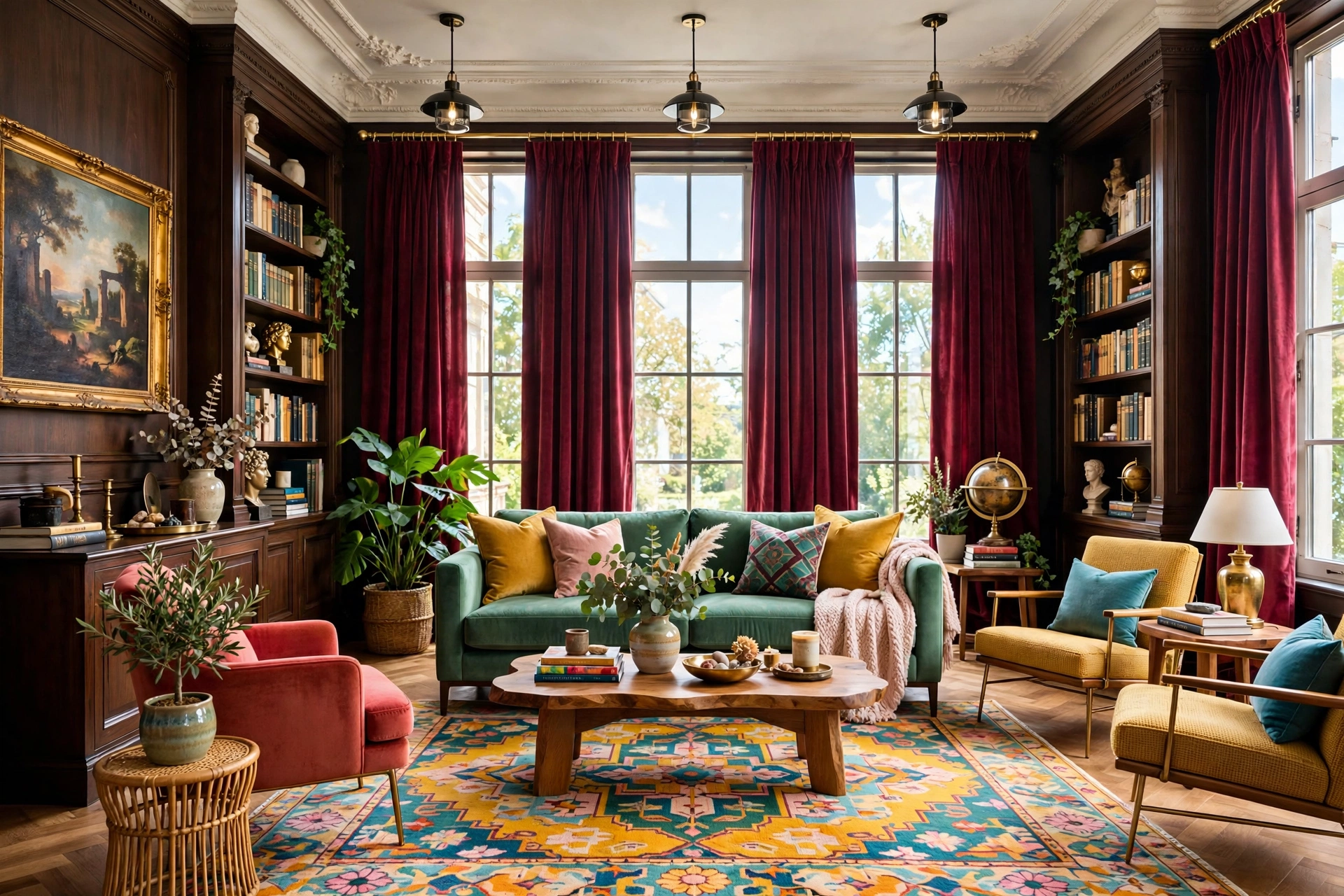 Tall windows dressed in floor-to-ceiling burgundy velvet curtains in a dark academia living room