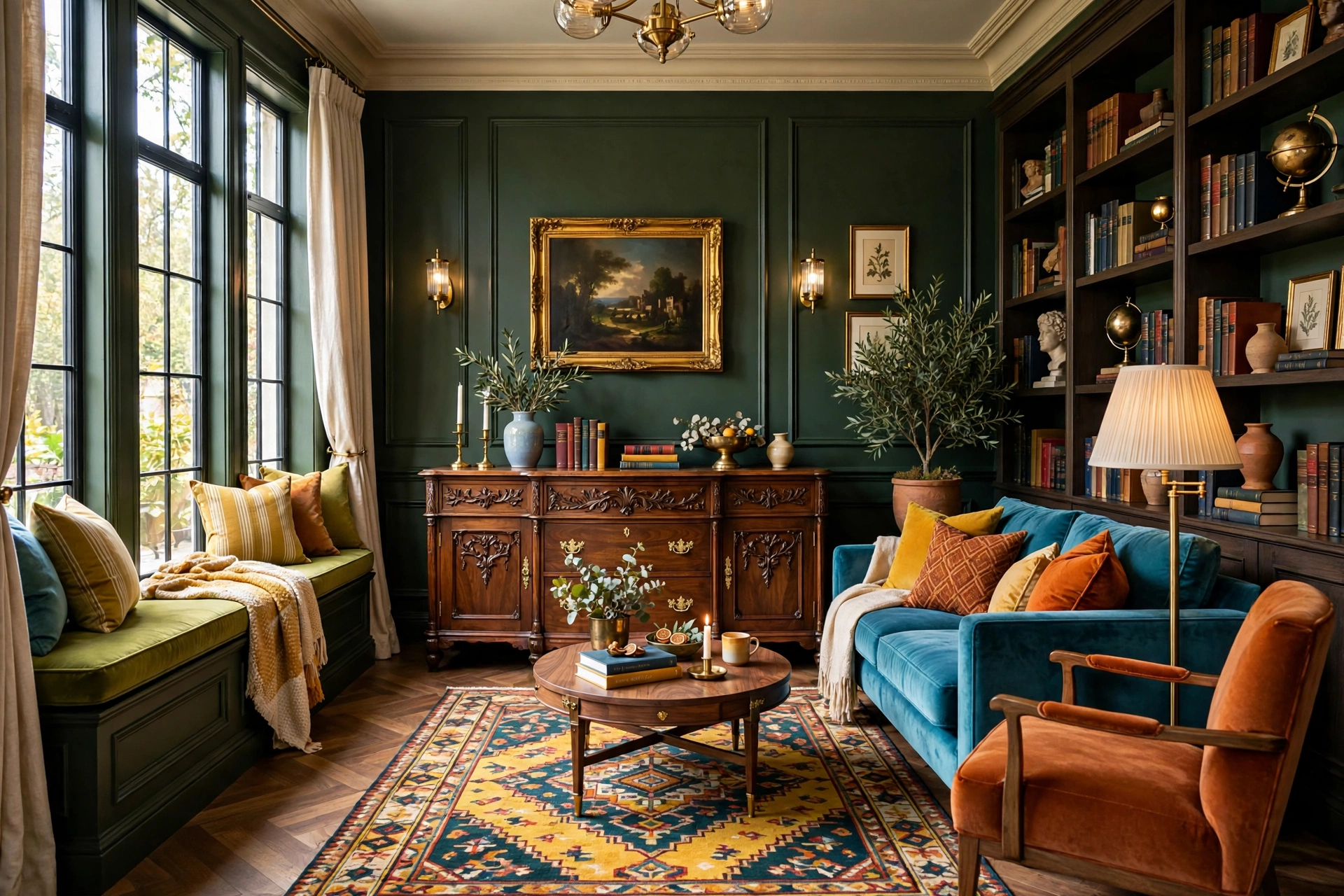 Antique walnut sideboard with carved details and brass hardware in a moody dark academia living room