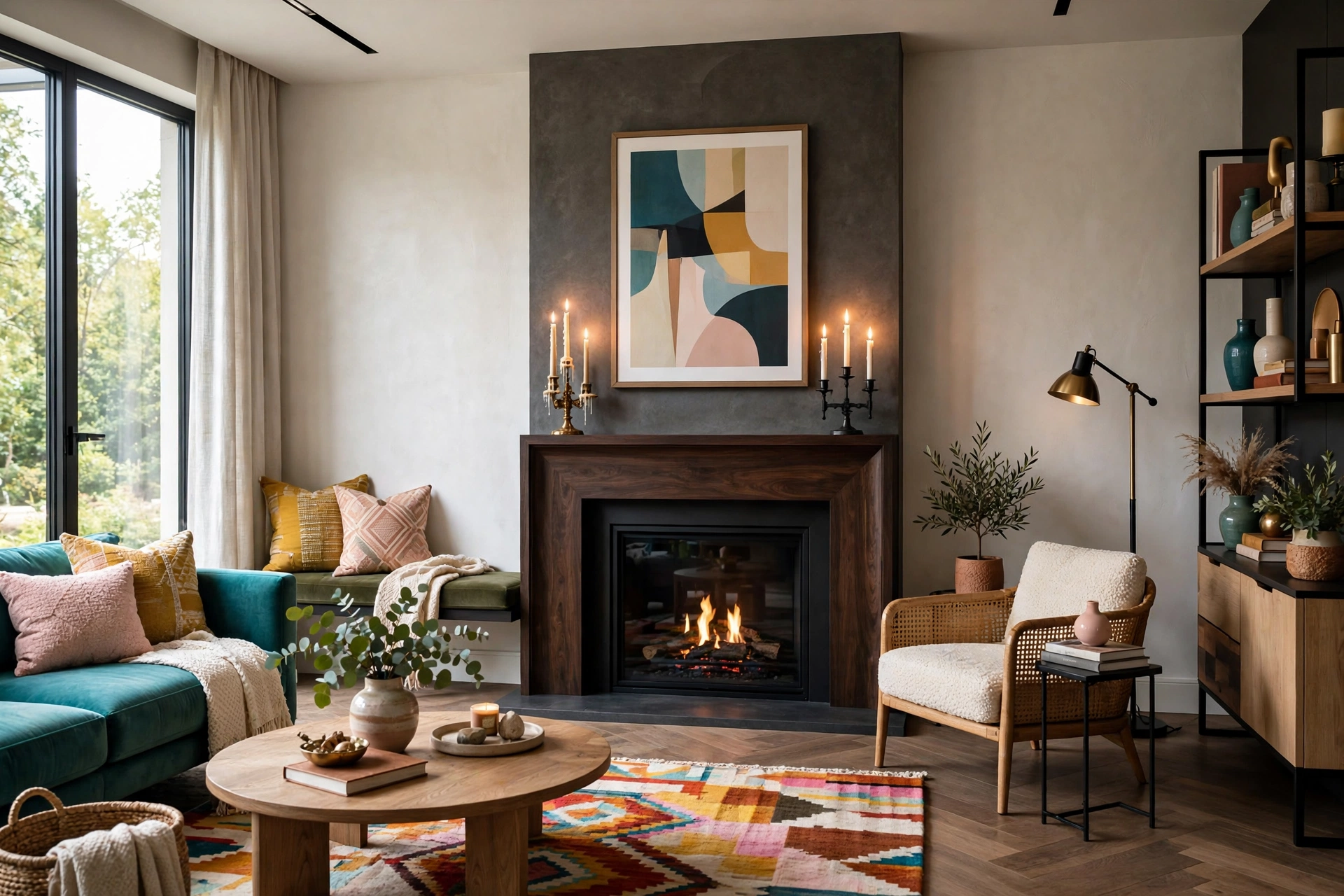Brass and iron candle holders with lit taper candles on a dark wood mantel in a moody living room