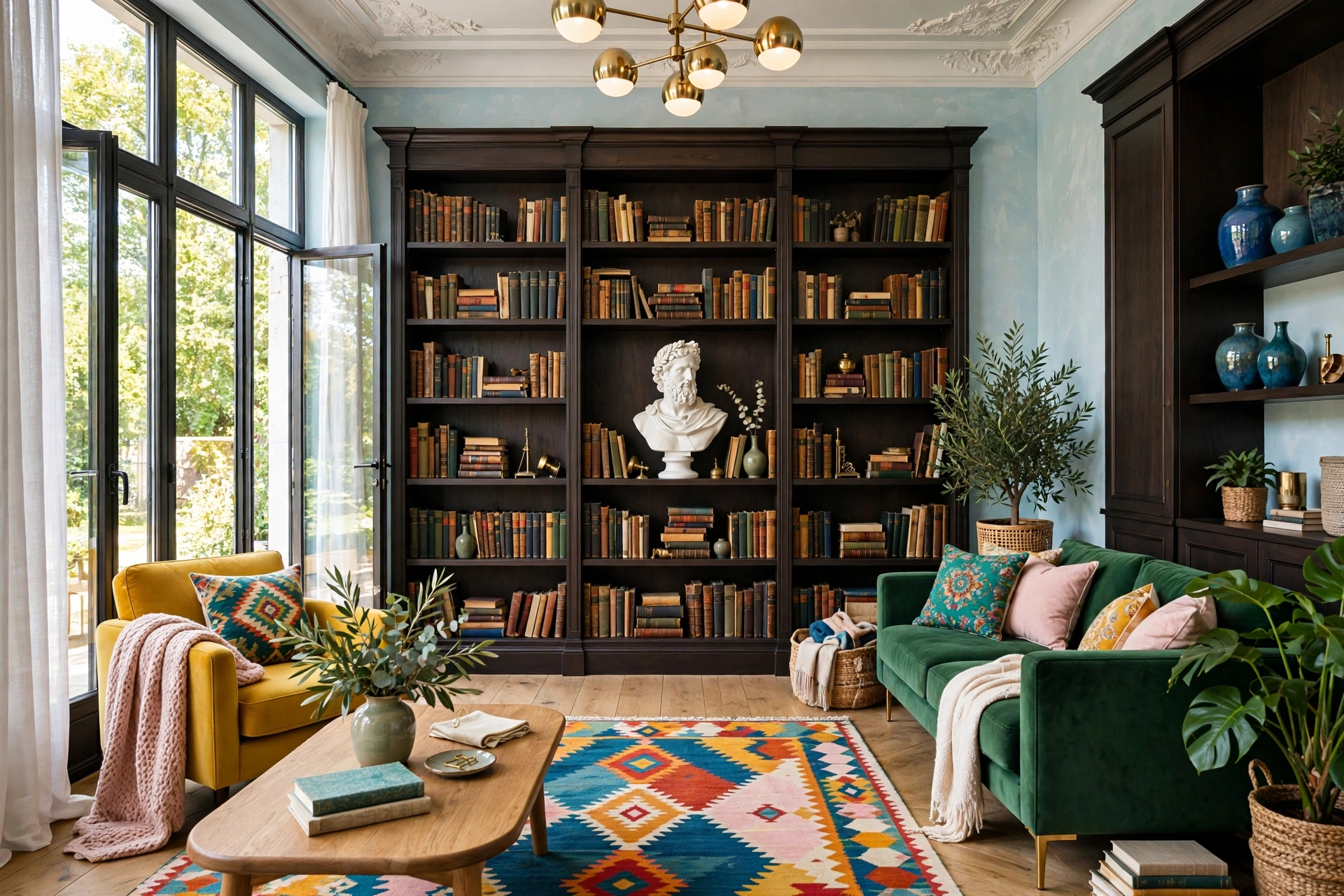 White plaster bust of a classical poet on a dark bookshelf among old books in a dark academia room