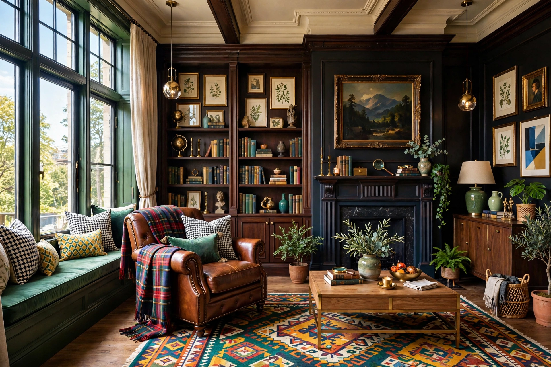 Leather armchair draped with a tartan throw and houndstooth cushions in a dark academia living room
