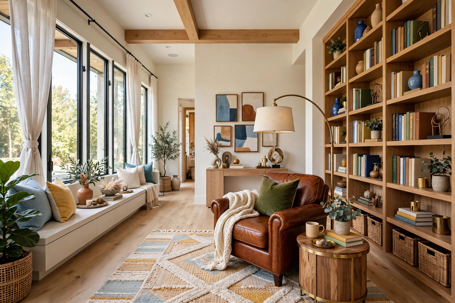 Cozy reading corner with leather chair, brass arc floor lamp and side table beside tall bookshelves