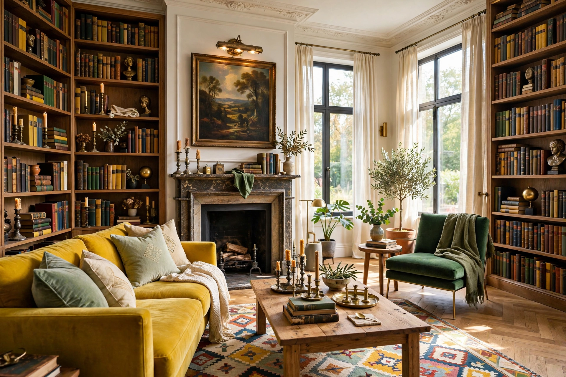 Dark academia living room details: aged brass picture light, tarnished candlesticks and antique books