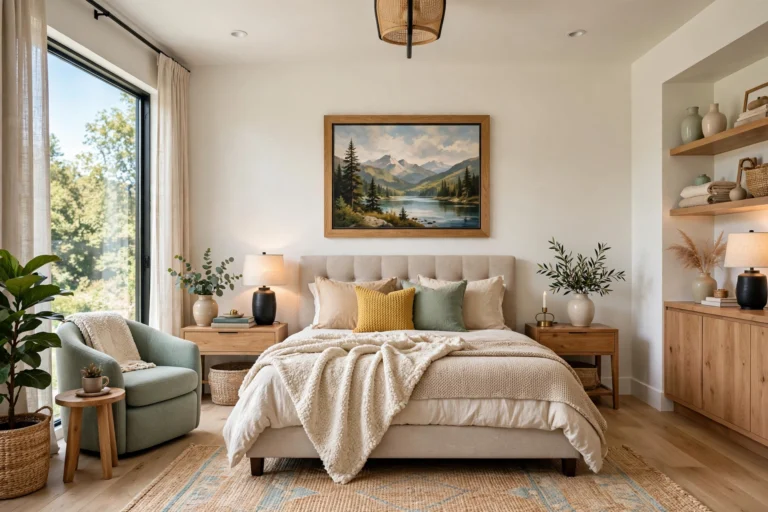 Bright modern bedroom with a large framed landscape print hung centered above a beige upholstered bed