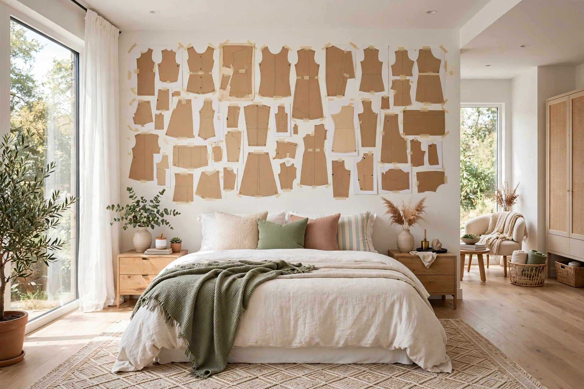 Bright bedroom wall covered with kraft paper templates taped in a gallery arrangement above a white bed