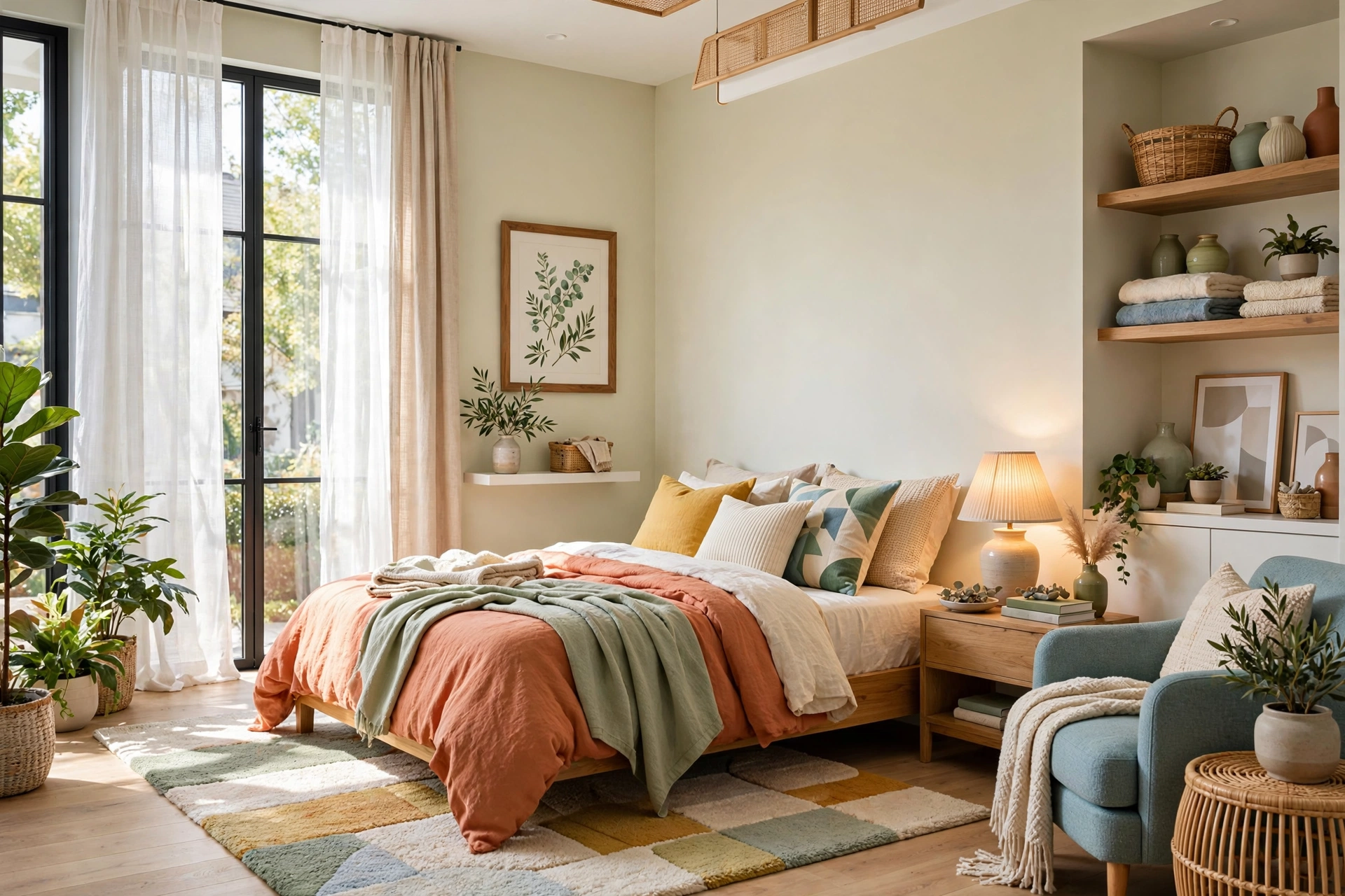 Bedroom wall with a framed botanical print hung at eye level beside a tall window with sheer curtains