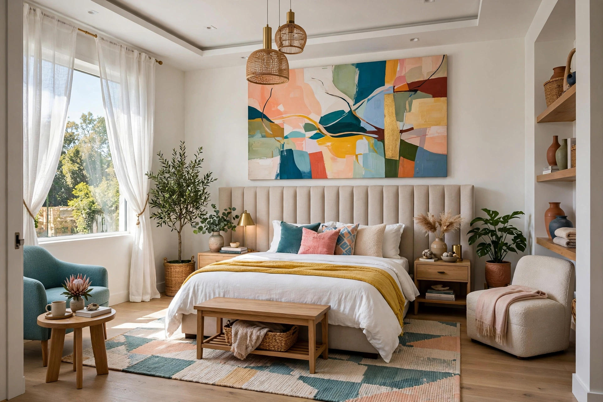 Bright modern bedroom with one oversized abstract canvas hung above a tall beige upholstered headboard