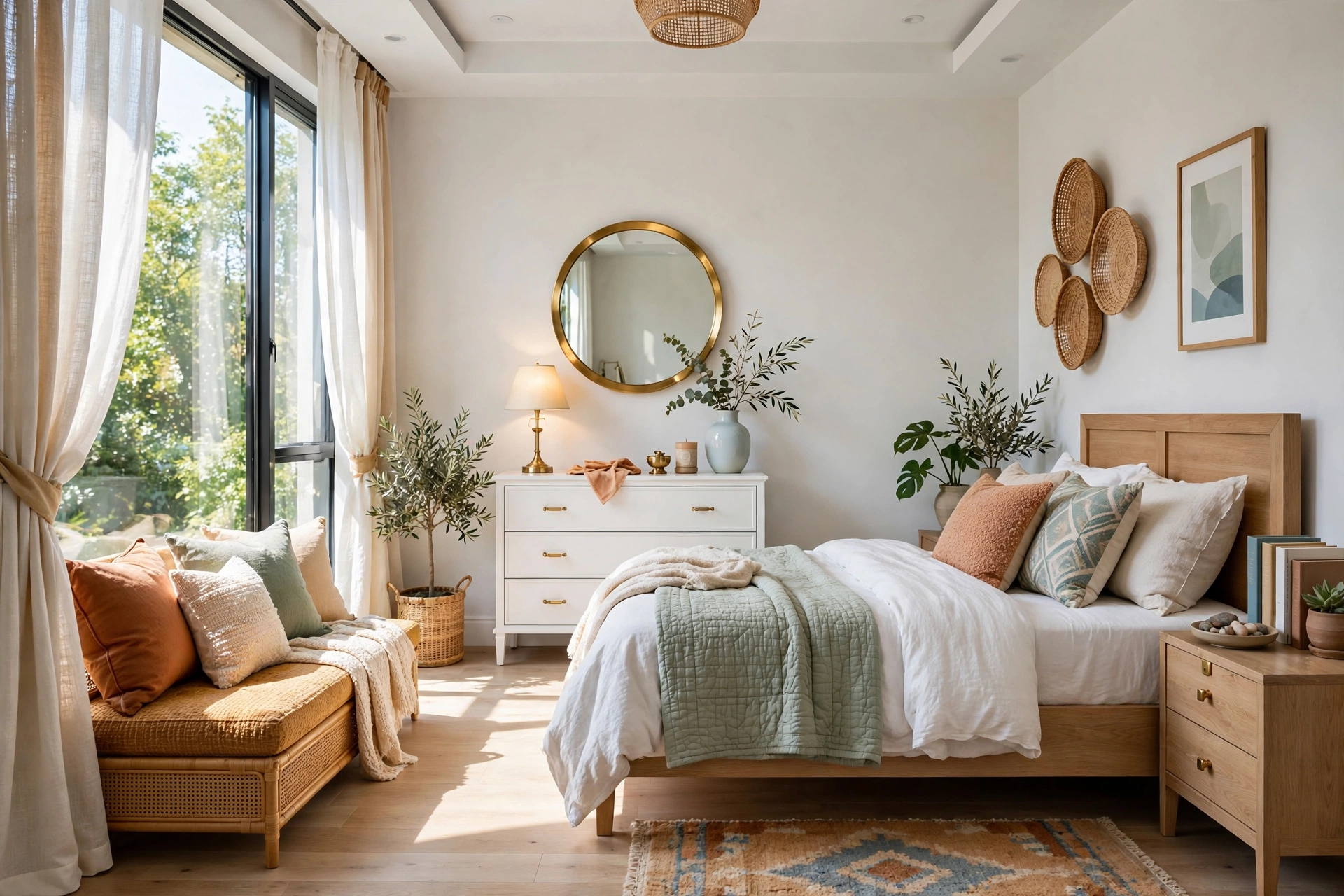 Bright bedroom with a round brass mirror hung above a white dresser styled with a small lamp and vase